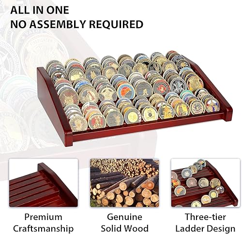 Miniatura 10 de DecoWoodo Estuche de exhibición de monedas de desafío militar, soporte de monedas de madera de 12 filas con capacidad para 100 monedas, soporte de