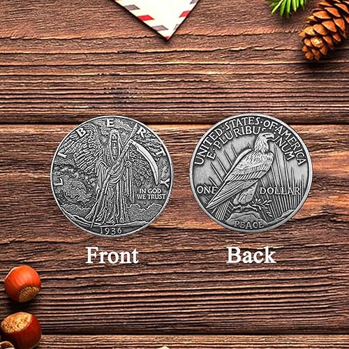 Miniatura 4 de The Grim Reaper Morgan Hobo Coin chapado en plata sobre réplicas de monedas de cobre con elegante vitrina de monedas