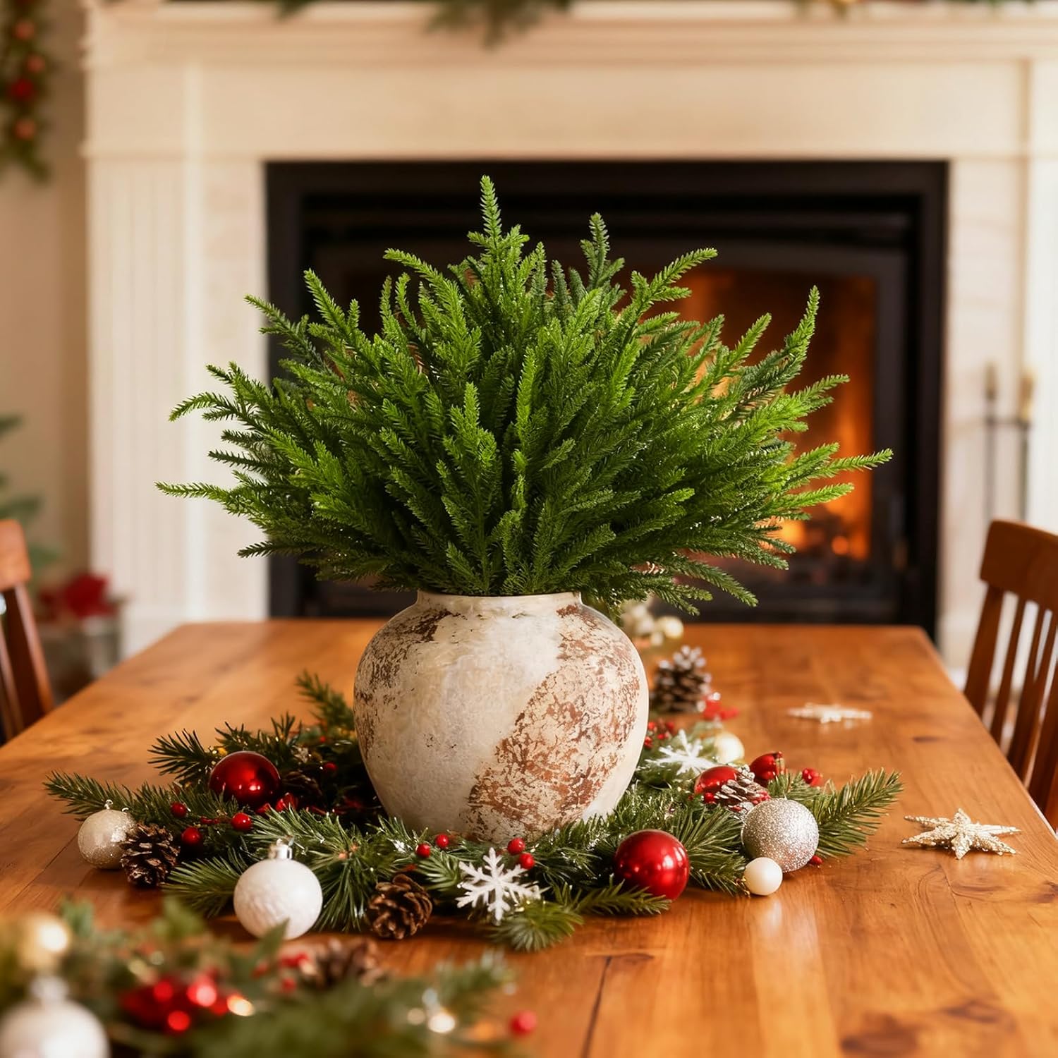 joyhalo 24 Pcs Norfolk Pine Stems, 18" Artificial Christmas Pine Branches Faux Gradient Greenery Stem Real Touch Cedar Stems for Vases, Outdoor Planters, Christmas Trees and Outdoor Home Decor - Image 5