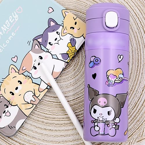 Miniatura 6 de JieJiefa Botella de agua Kawaii de dibujos animados de 14.2 fl oz para viajes y hogar, botellas de agua aisladas de anime Little Evil de 14 onzas,