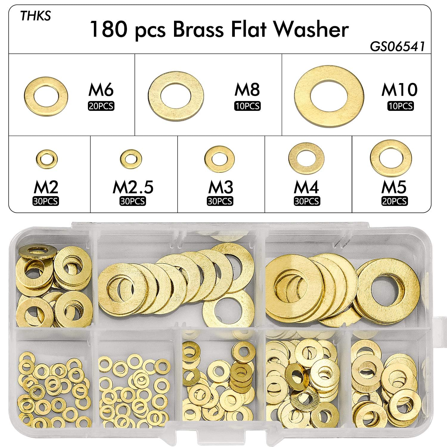 Set di 180 rondelle in ottone, 8 misure, dischi piatti e di sicurezza, assortimento (M2, M2.5, M3, M4, M5, M6, M8, M10), dischi piatti in ottone per viti e dadi