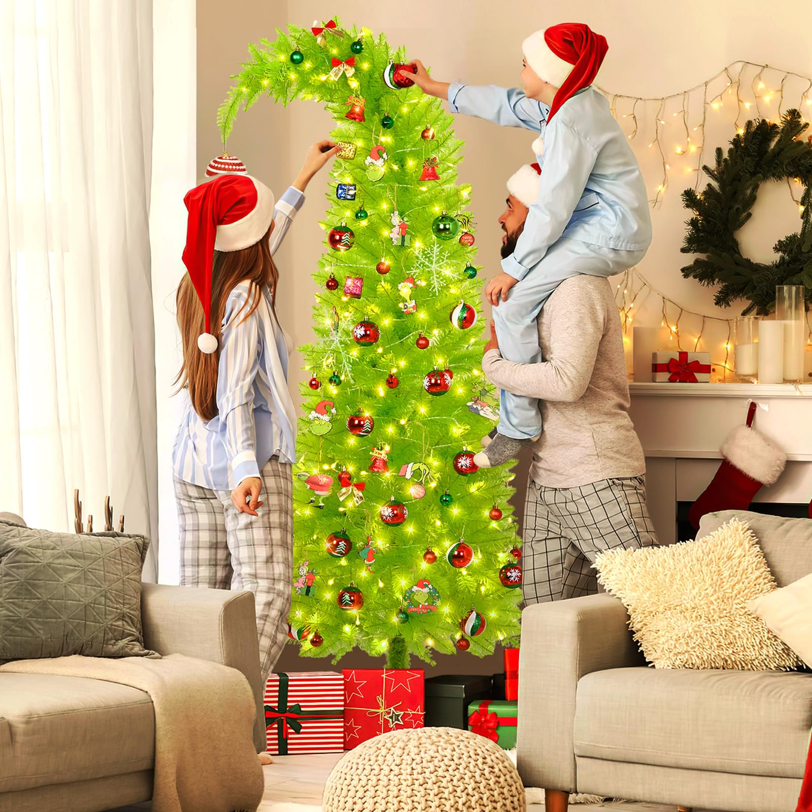 grinchs christmas tree 6ft, whimsical bendable artificial tree, lime green design with tree skirt & red ball ornament, christmas decorations indoors and outdoors