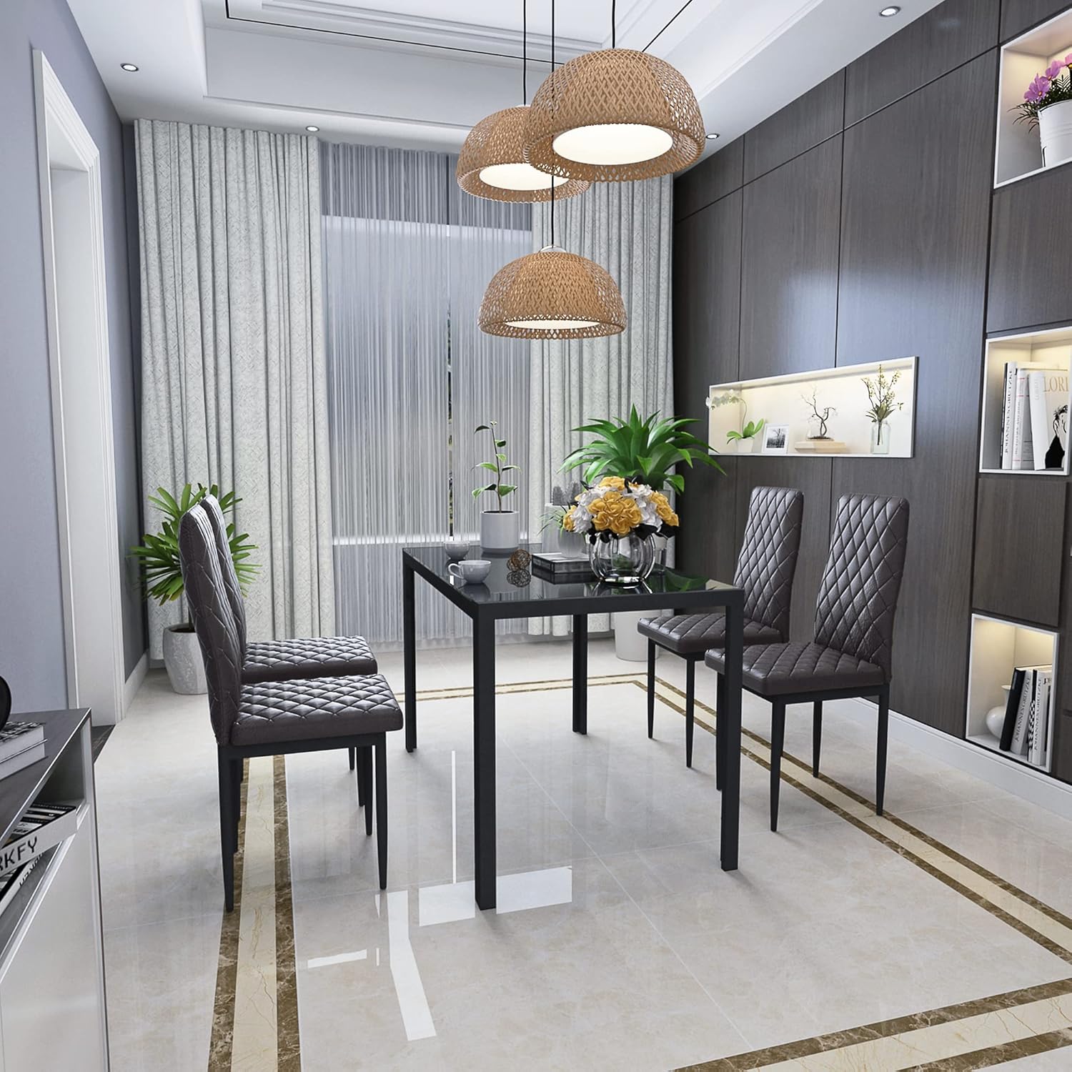 LCH 5 Pieces Set for 4, Kitchen Room Tempered Glass Dining