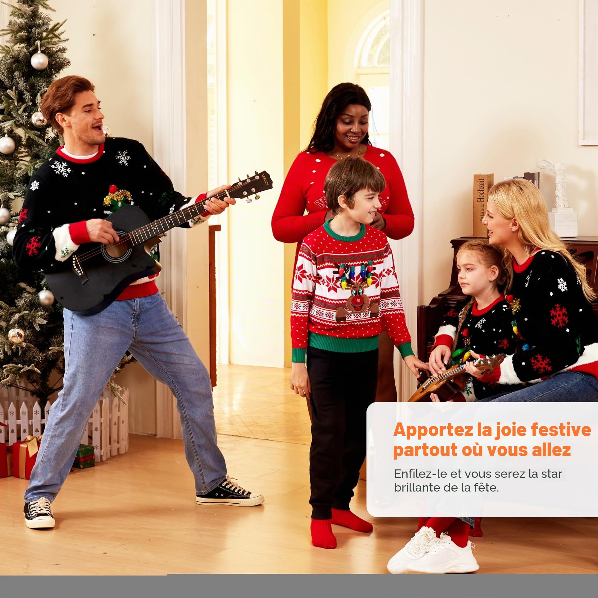 Giggling Getup Pull de Noël moche pour enfants, pull de Noël moche avec éclairage LED, motif renne de Noël moche pour enfants