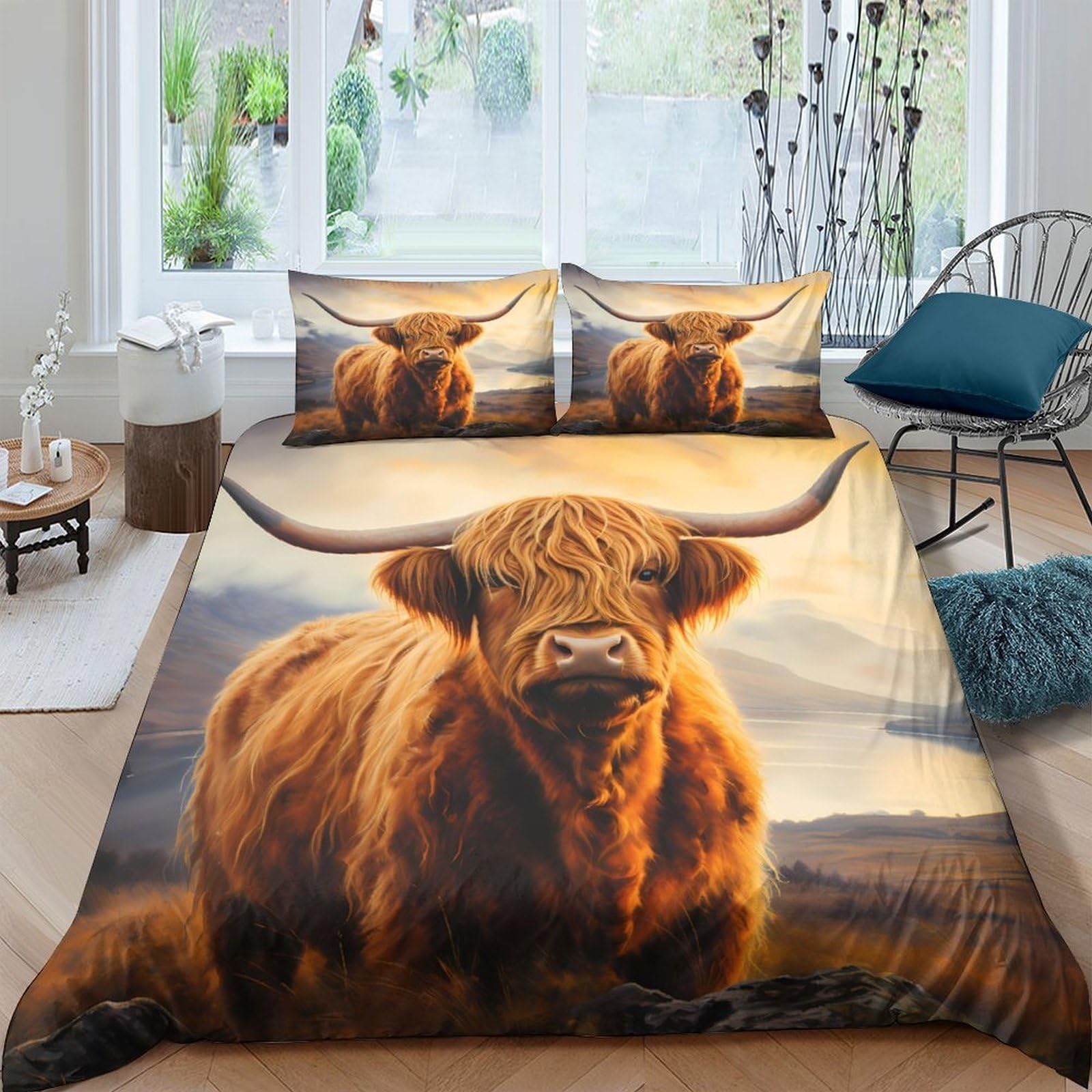 GPLZQXKJNH 3D Printed Highland Cow Duvet Cover Microfiber Soft Breathable Scottish Cattle Bedding Set with 2 Pillowcases for Bedroom Decor Single（135x200cm）