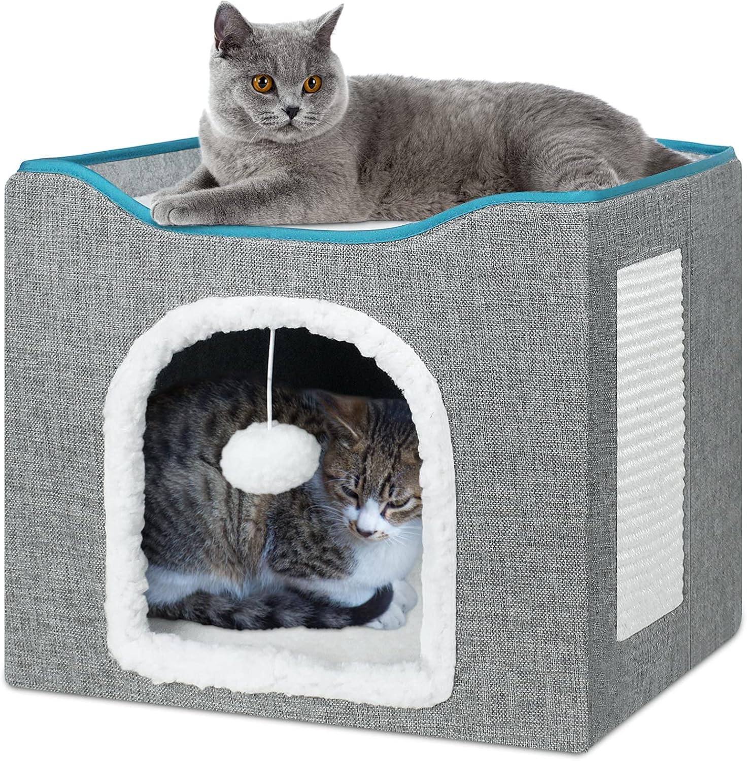 سرير للقطط المنزلية من ايسيورا، كهف كبير للقطط المنزلية والحيوانات الأليفة مع كرة ناعمة معلقة ولوح خدش، مخبأ قطط قابل للطي