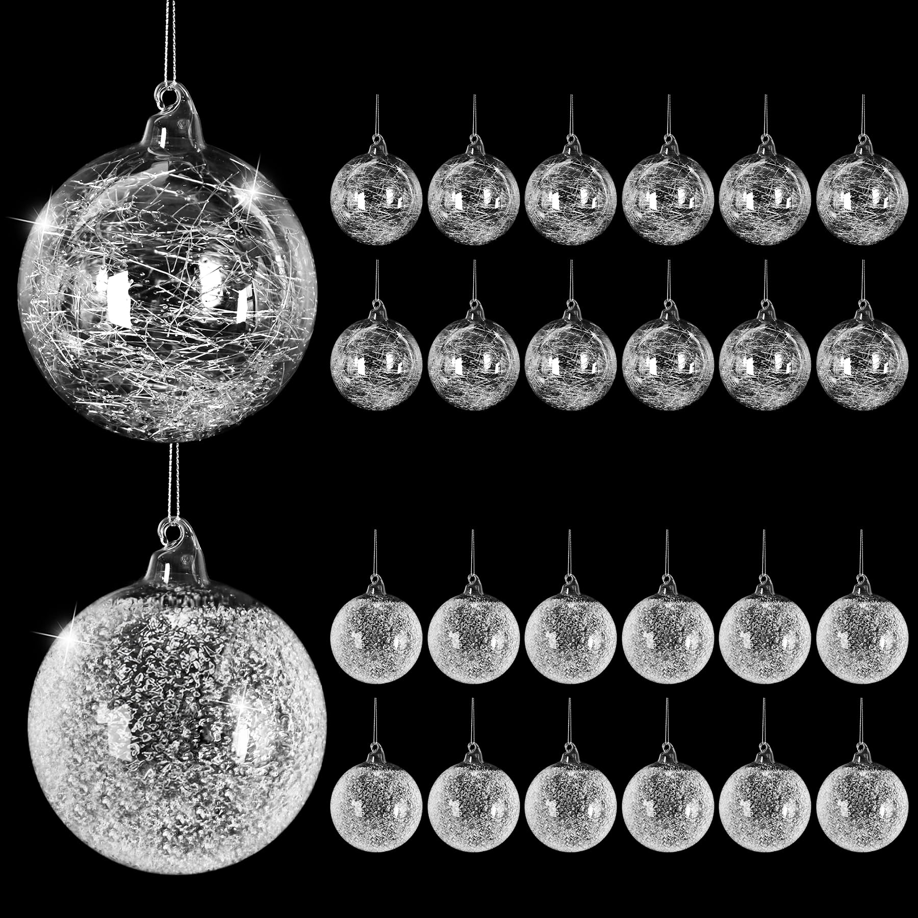 24 Stück Glas-Weihnachtskugeln, 4,1 cm, Weihnachtsbaumschmuck, kleine transparente Glas-Schneeflocken-Punkte, hängende Kugel-Dekorationen für Bäume, Weihnachten, Party, Heimdekoration