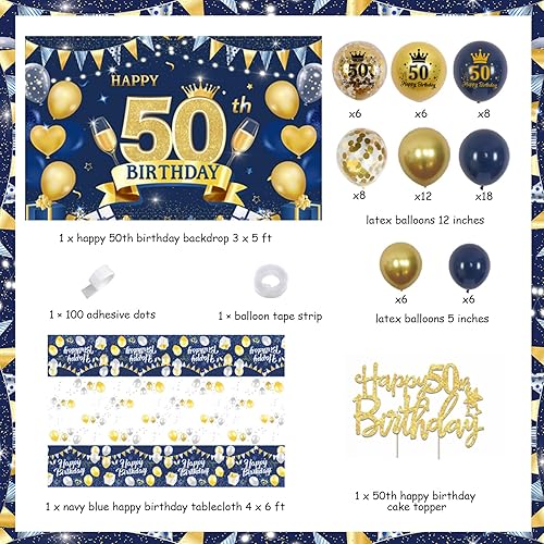 Miniatura 6 de Decoraciones de cumpleaños número 50 para hombres y mujeres, kit de arco de globos azul marino y dorado con fondo de feliz cumpleaños 50, mantel