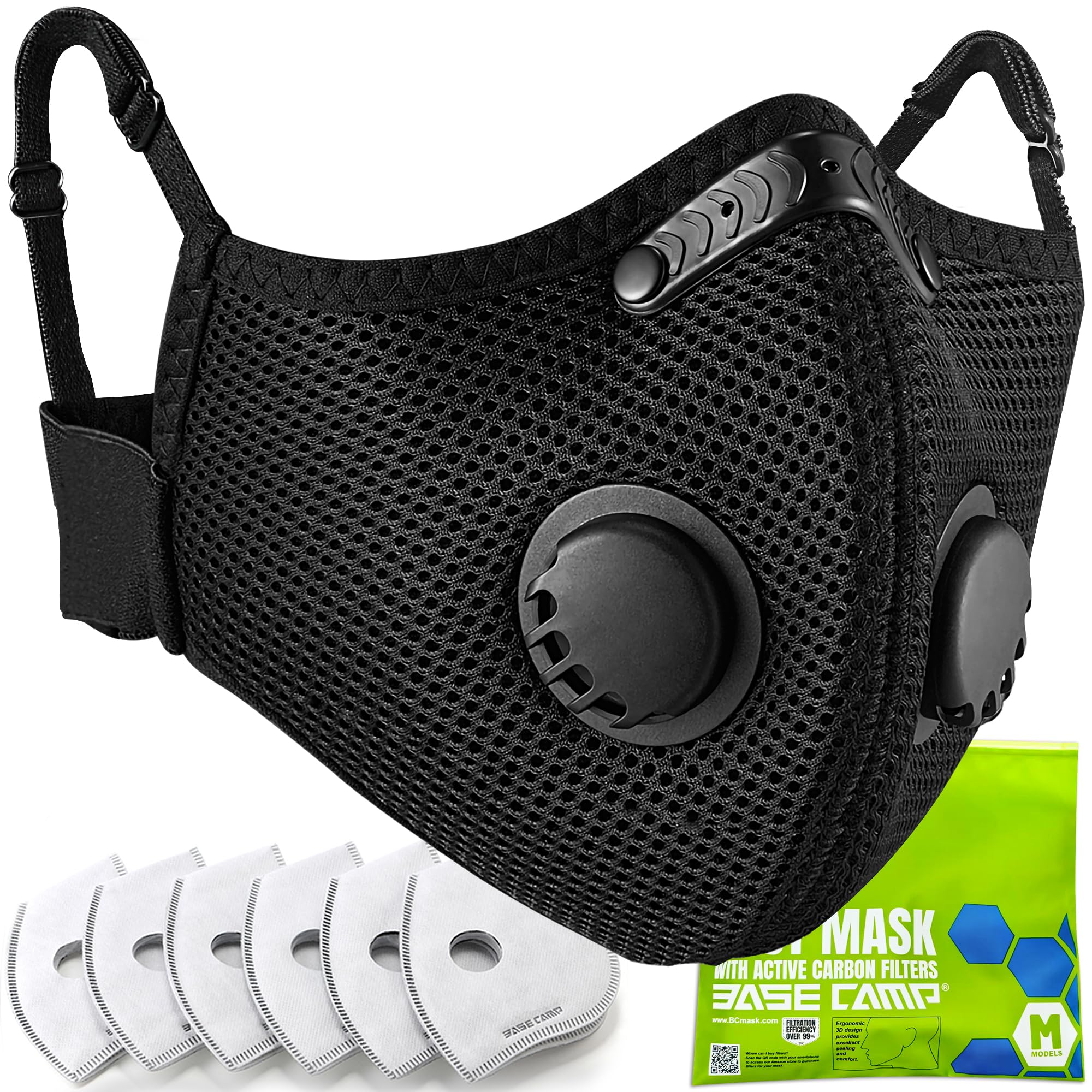 BASE CAMP M Plus Masque Anti-Poussière FFP2 NR - Lavable avec 6 Filtres à Charbon Actif pour Menuiserie, BTP, Meulage