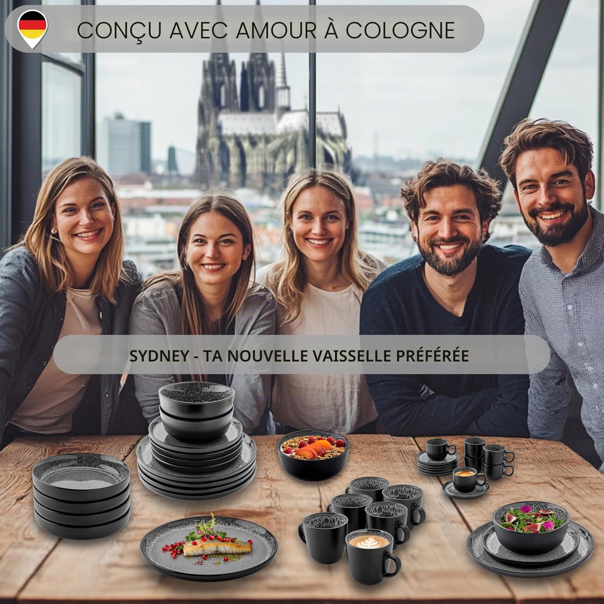 SÄNGER Sydney Vaisselle en faïence 18 pièces, pour 6 personnes, 6 assiettes plates, 6 bols à céréales, 6 assiettes à dessert, service de table gris foncé résistant aux rayures, VALUE COLLECTION