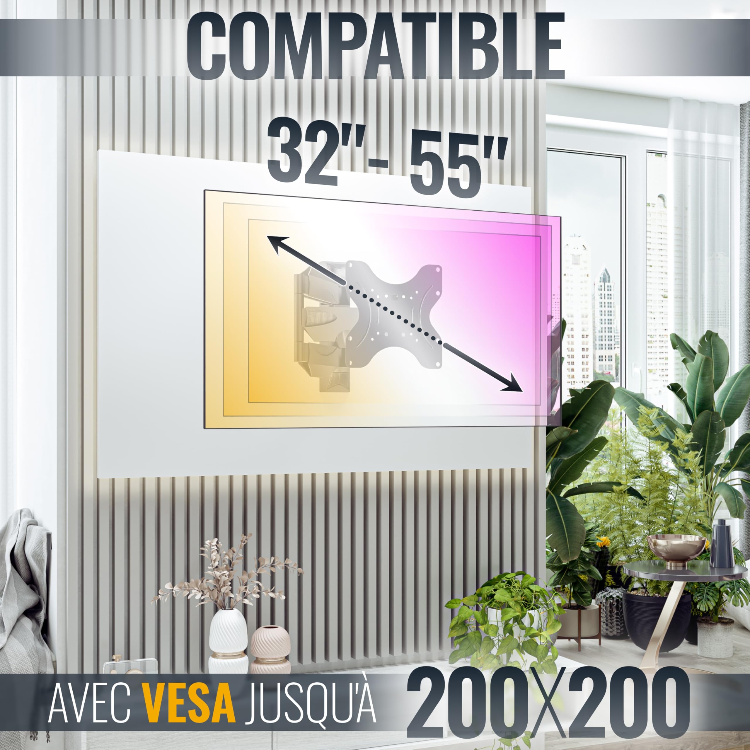 RICOO S0822 Support Mural TV 32 40 42 43 48 50 55 Pouces VESA 75x75 100x100 200x100 200x200 Orientable Inclinable Rotatif Universel Fixation Murale TV QLED OLED LED LCD Écran incurvé