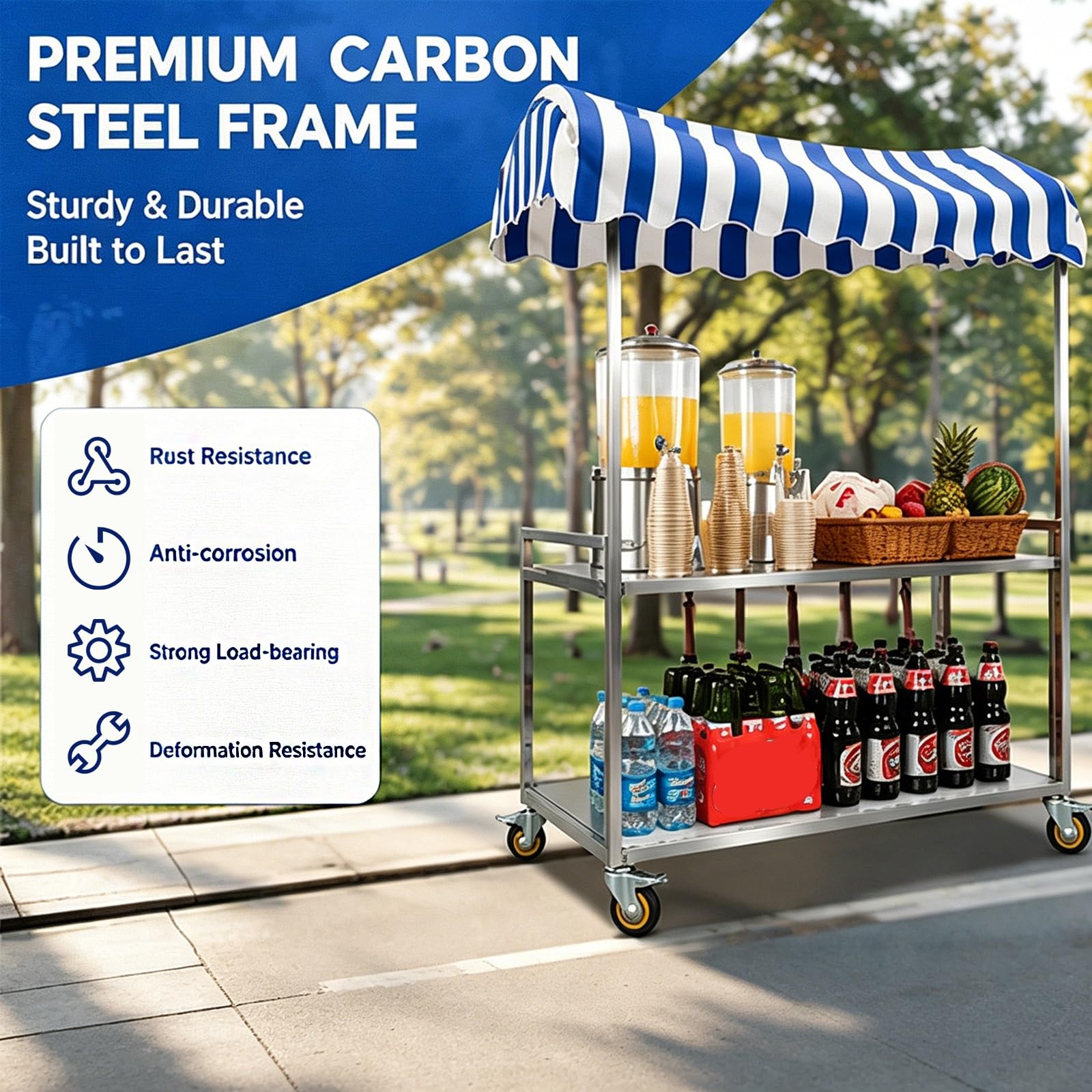Carrito de Vendedor Plegable, Estructura Reforzada de Acero Al Carbono, Mesa de Dos Niveles, Carro de Venta Móvil con Toldo y Ruedas con Bloqueo, para Eventos(Yellow,50x100cm/20x39in)