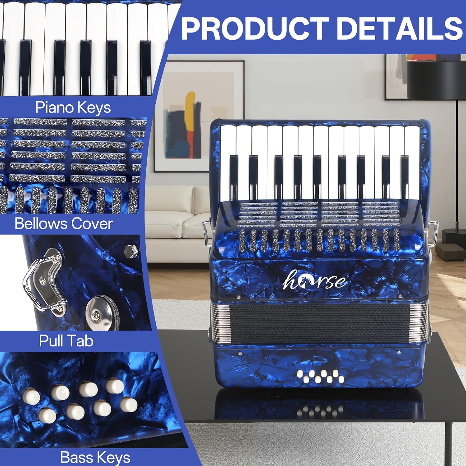 Accordion, 22 Keys 8 Bass Piano Accordion Acordeones Para Adultos, Acordeón De Adulto Azul for Beginners Adults Professonals, Educational Musical Instrument Sweet Sound with Straps and Padded Bag