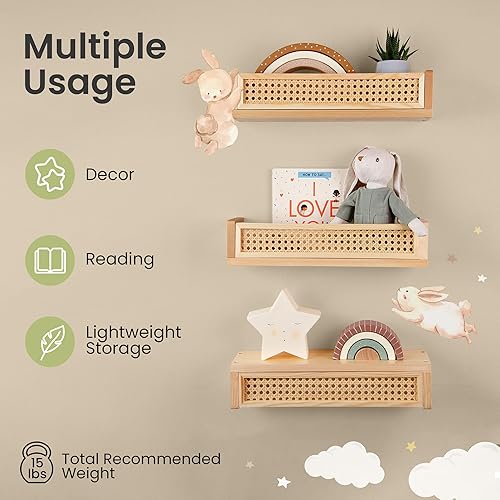Miniatura 5 de Estante flotante de ratán de 16 pulgadas, juego de 3, estantes de guardería para decoración de pared en estilo bohemio, estante de pared para niños,
