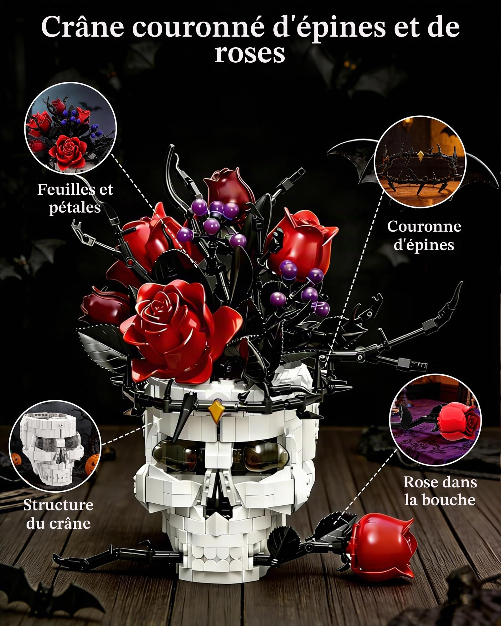 Kit de Construction Crâne Gothique avec Rose – Décoration Esthétique pour Adultes, Centre de Table Style Dark Academia, Compatible avec Fleurs Lego & Sets Horreur, Cadeau Halloween & Saint-Valentin