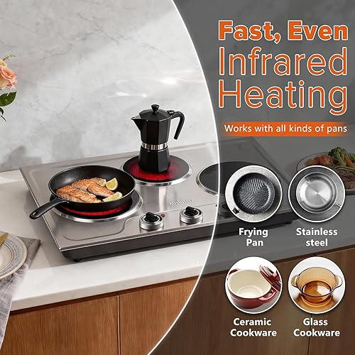 Miniatura 3 de CUSIMAX Hot Plate,1800W Triple Infrared Burner, Independent Temperature Control,Electric Stove Can Simultaneously Cook Three Dishes,Compatible for