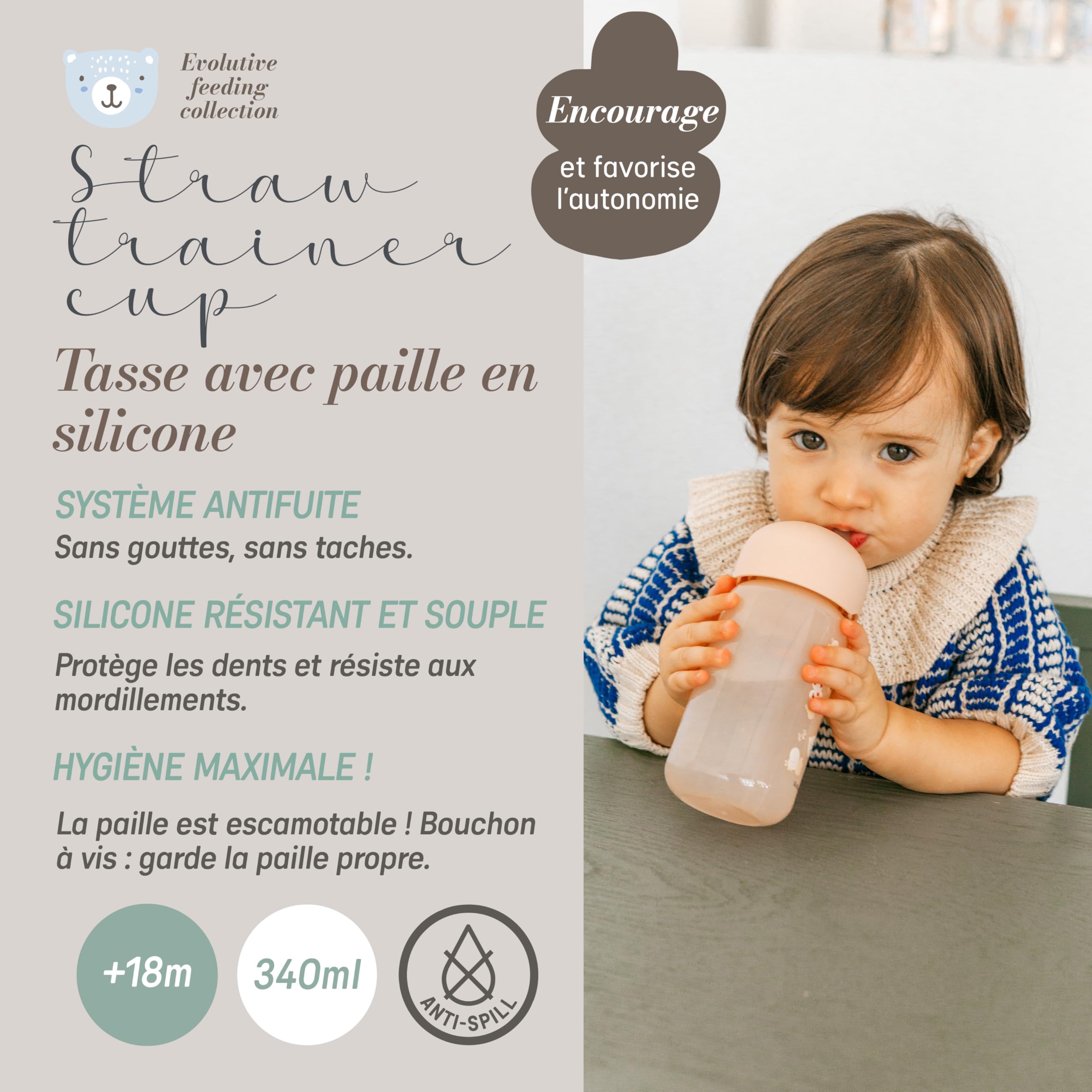 Suavinex, Tasse Apprentissage Bébé, Gourde Paille Enfant, Gobelet Bébé avec Paille en Silicone Flexible, Résiste à la Morsure, Anti-goutte, Apte Lave-vaisselle, +18 Mois, 340 ml, Wild&Free Vert