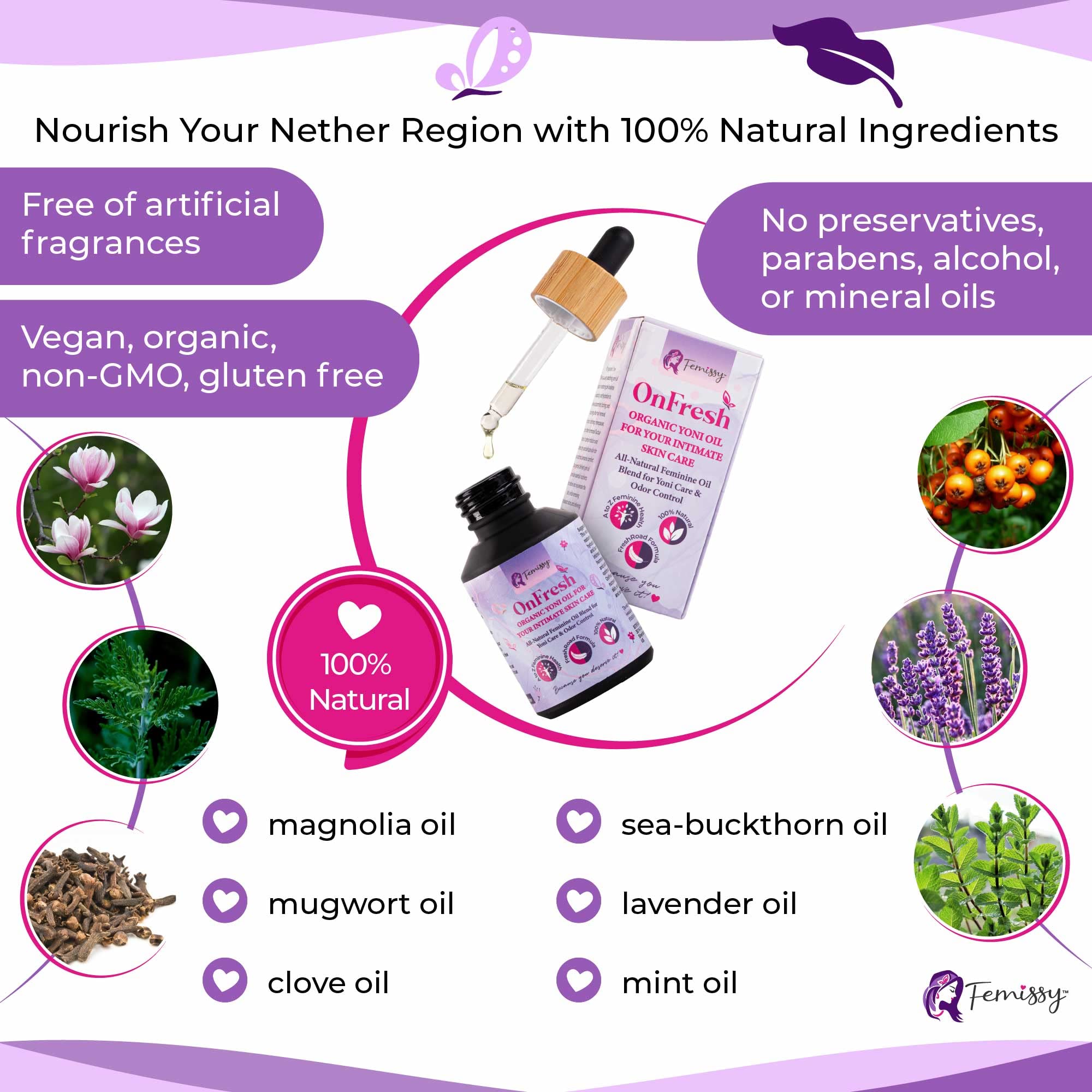 Natural Feminine Yoni Oil for Women PH Balance & Wetness; Herbal Vaginal Moisturizer for Dryness & Sensitive Skin; Soothing Intimate Vulva Essential Oils; Vaginal Oil Drops Against Odor (1 fl oz)