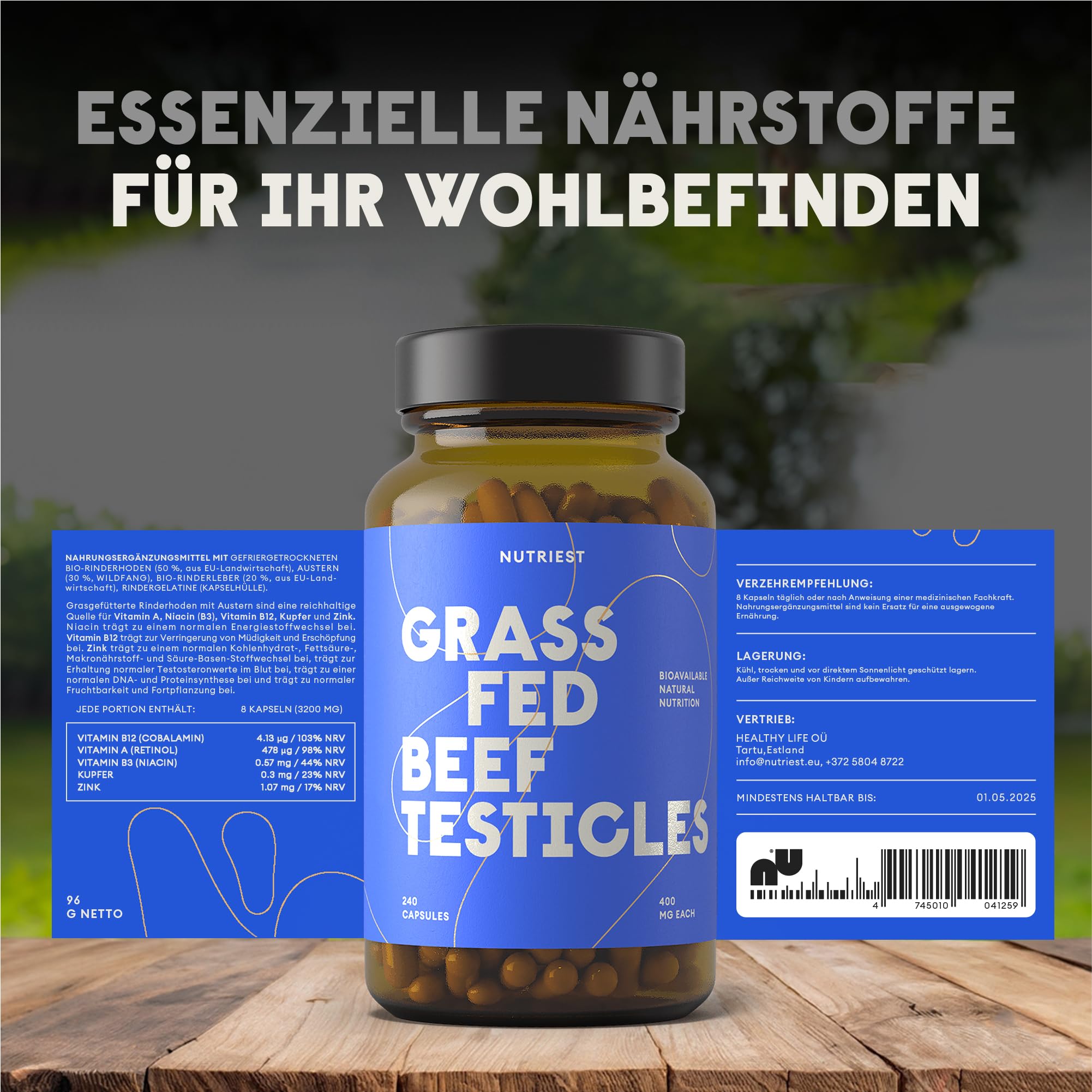 Nutriest Rinderhoden & Austernextrakt Kapseln (240 Stück) – Beef Testicles Supplement | Bio-Weiderind aus Europa | 100% EU-Weidehaltung | Energie, Muskelaufbau & Testosteronspiegel