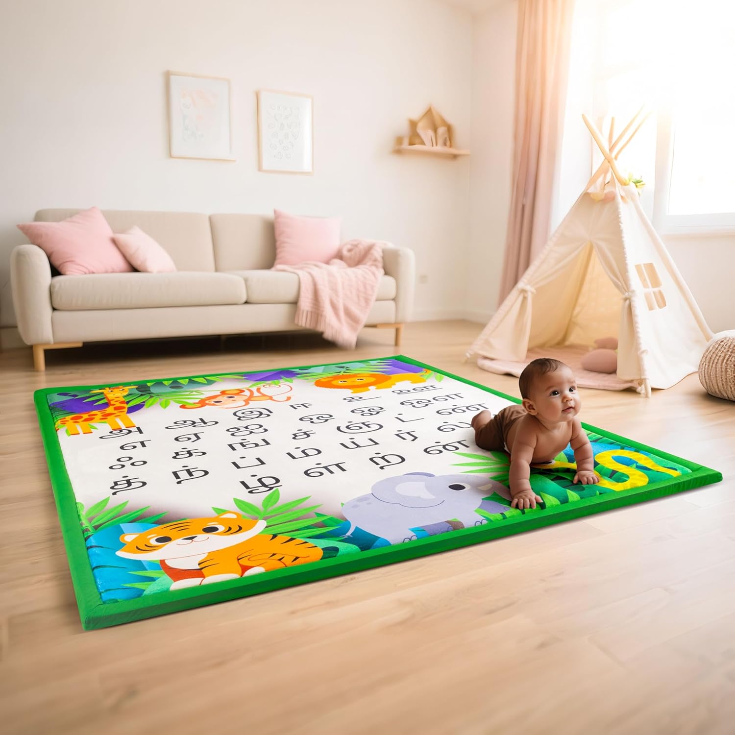 Tamil Alphabet Padded Rug/Play Mat – 180x200 cm Montessori-Inspired Learning Mat | Soft Polyester & Anti-Slip Backing | Tamil Language Educational