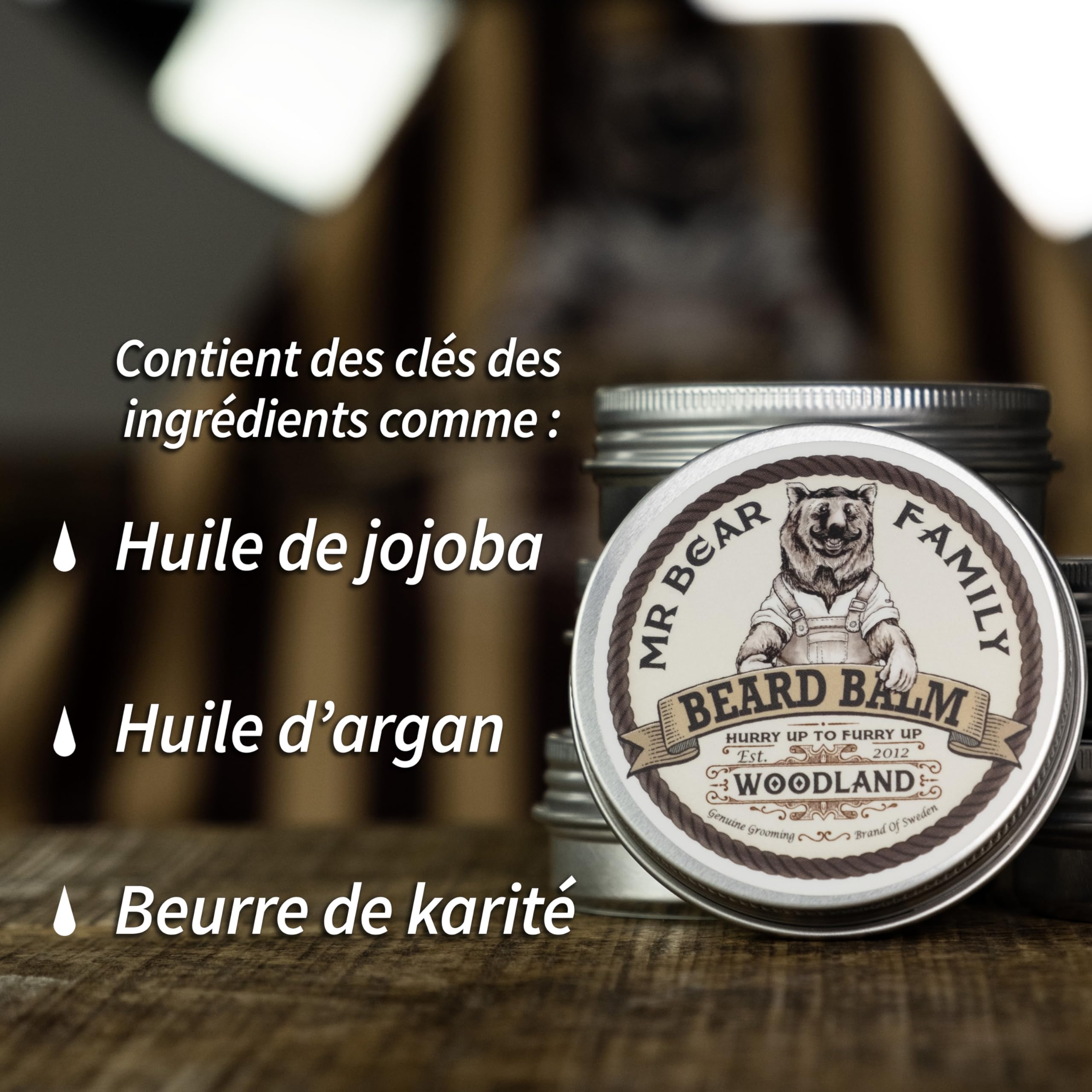 Mr Bear Family Cire Barbe Hommes - Boisé - Baume Barbe - Produit barbe homme au Beurre de Karité, Huile de Jojoba et Cire d'Abeille - Moustache & Barbe Styling complet - Entretien barbe homme 60ml