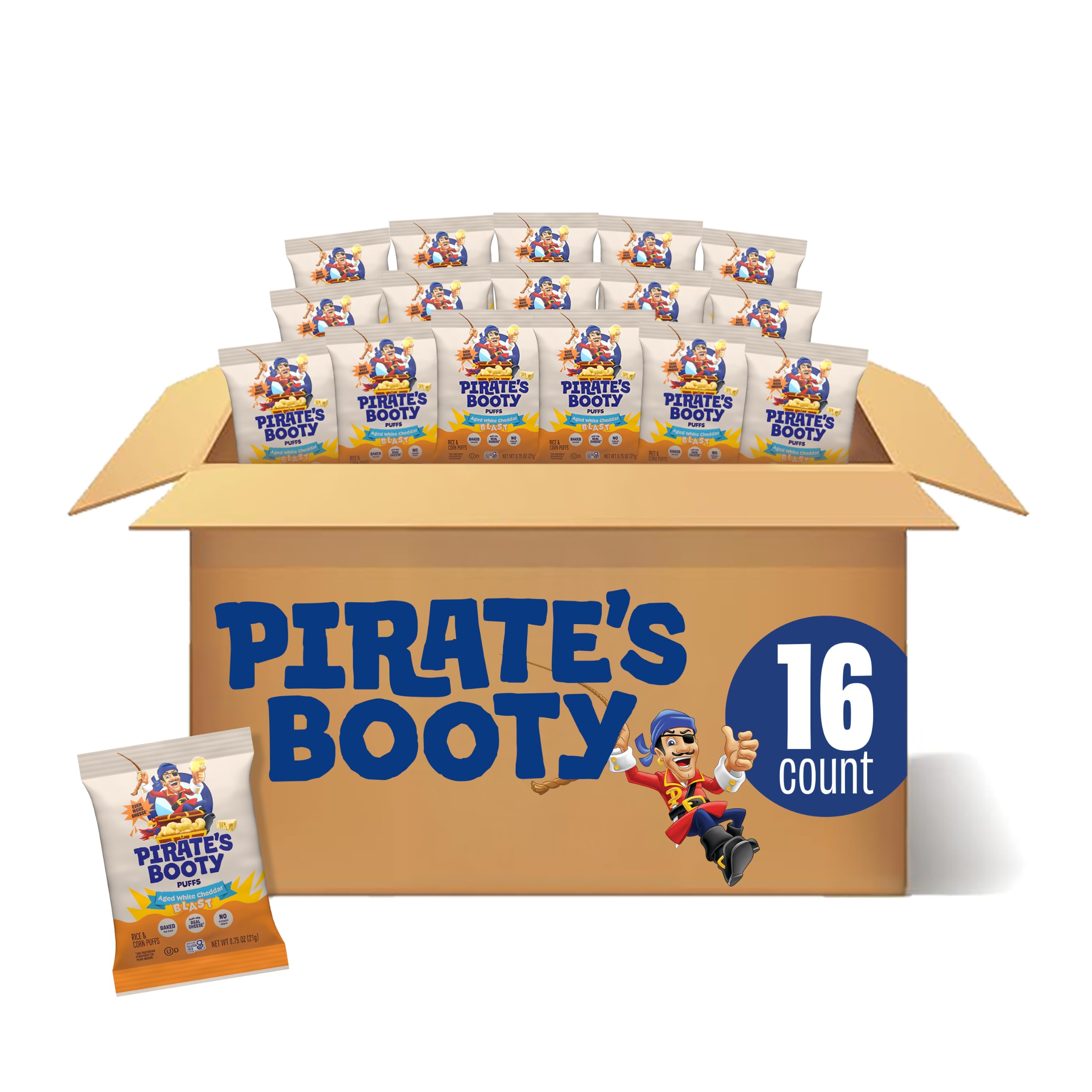 Pirate's Booty Cheddar Blast - Bocadillos de queso sin gluten para niños, bolsas de bocadillos de tamaño personalizado de 0.8 onzas (paquete de 16)