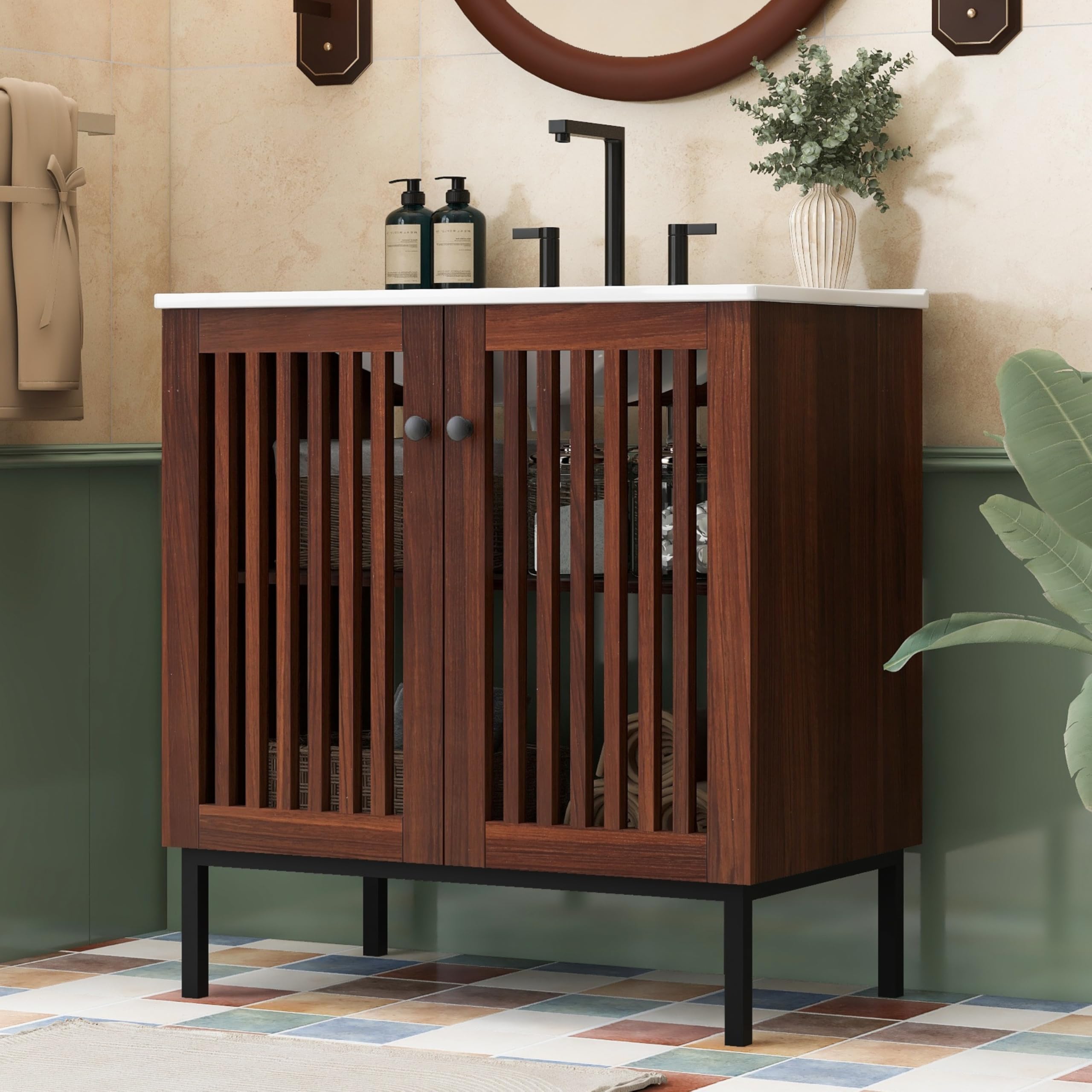 Christopher Knight Home Pitney 30" Bathroom Vanity with Ceramic Sink, Freestanding Bathroom Vanity Organzier, Soft Close Door Wooden Storage Cabinet,