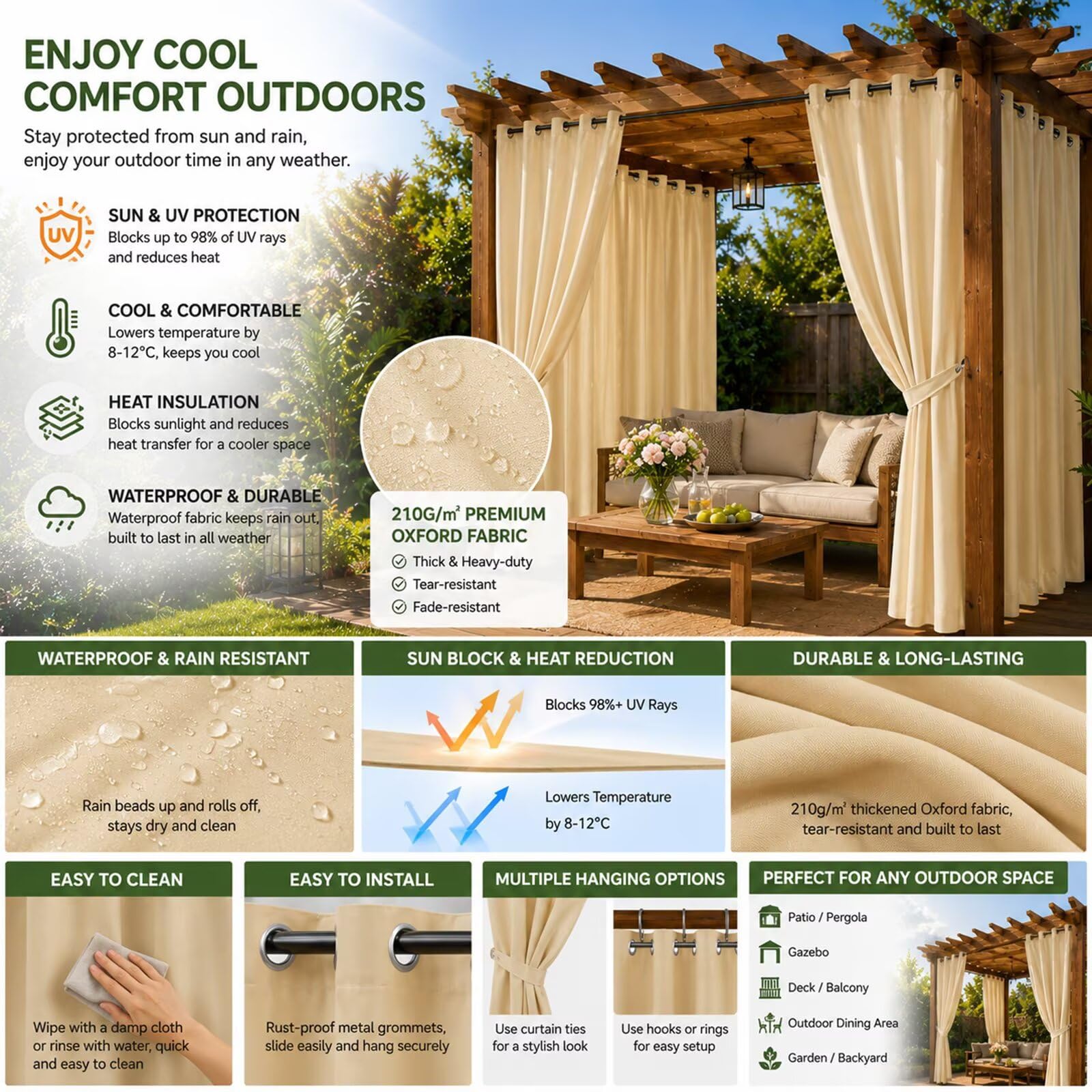 Pavillon Vorhang Outdoor wetterfest mit Ösen 210g/m² H213 x W381cm Beige | Reduziert UV-Strahlen und direkte Sonneneinstrahlung für mehr Schatten auf Balkon, Pergola oder Terrasse.
