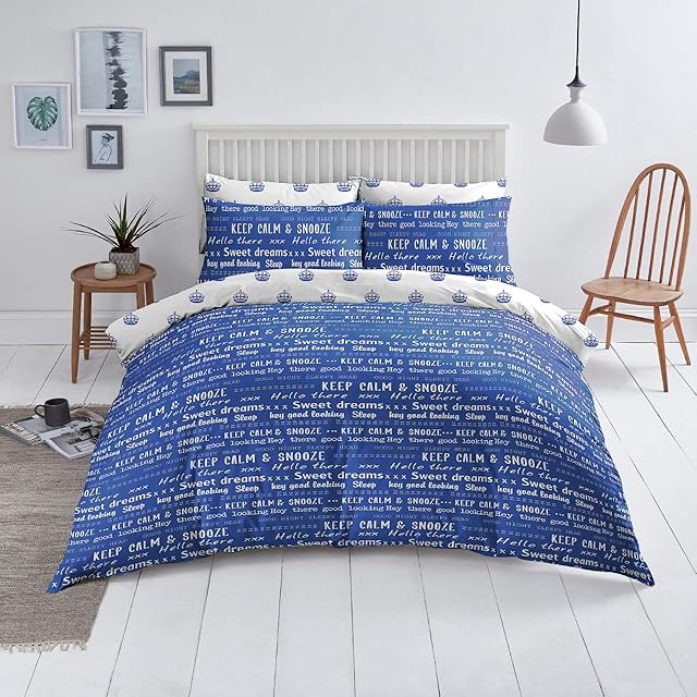 Indus Textiles Duvet Cover Set Easy Care Reversible Pattern Printed Quilt Cover Set With Pillow Cases - Keep Calm Blue - King