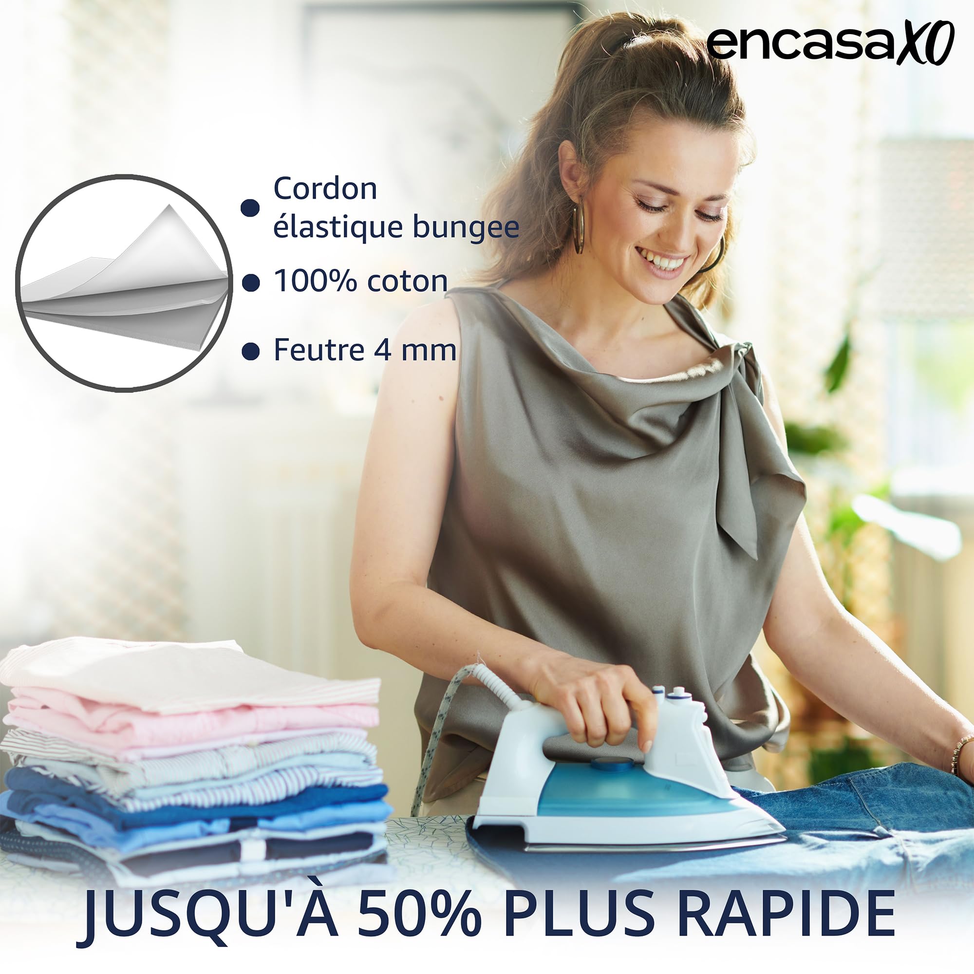 Encasa XO Ironing Board Cover with Felt Thickness 4 mm – Natural – Plain Colours Cotton, Elastic (Suitable for Standard Wide Boards of 125 x 46 cm) Heat Reflective - 4