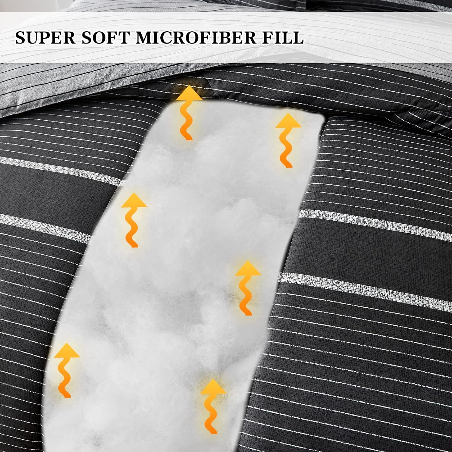 FlySheep 3 Pcs Boho Striped Comforter Set Full Full/Queen Size, White Striped on Black Dark Grey Soft Microfiber Reversible Bedding Set for All Season - Image 3