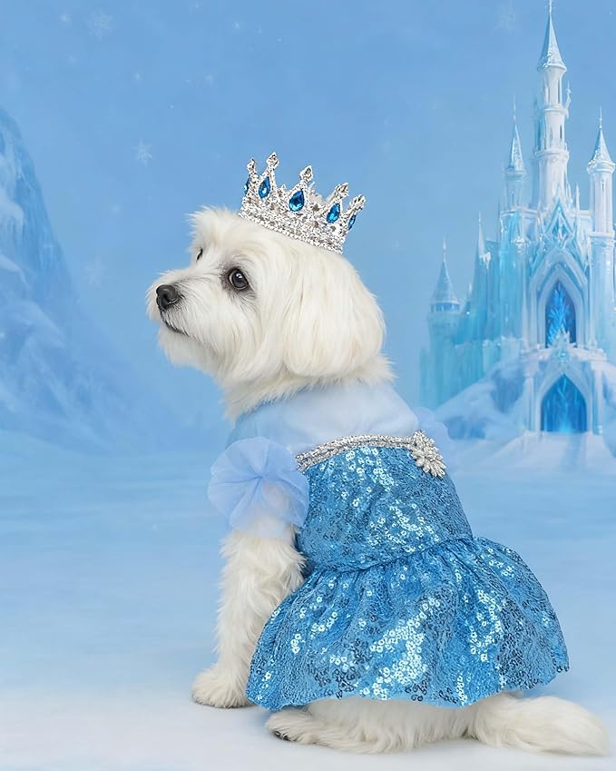 Disfraz de Princesa Snow Queen para Perro con Corona, Azul, Talla S miniatura 2