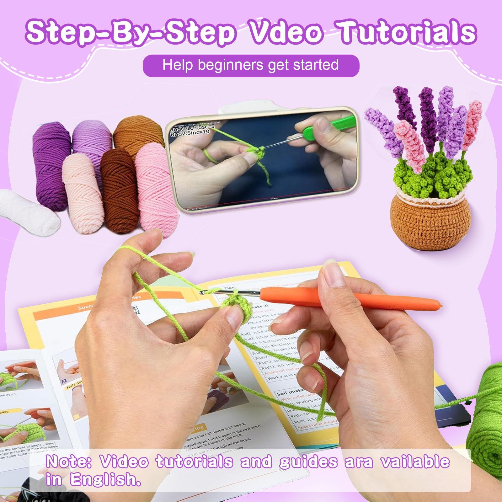 Lonsien Amigurumi Kit Lavanda Kit Principiantes Kit Ganchillos Crochet con Instrucciones en Video Paso a Paso para Adultos y Niños