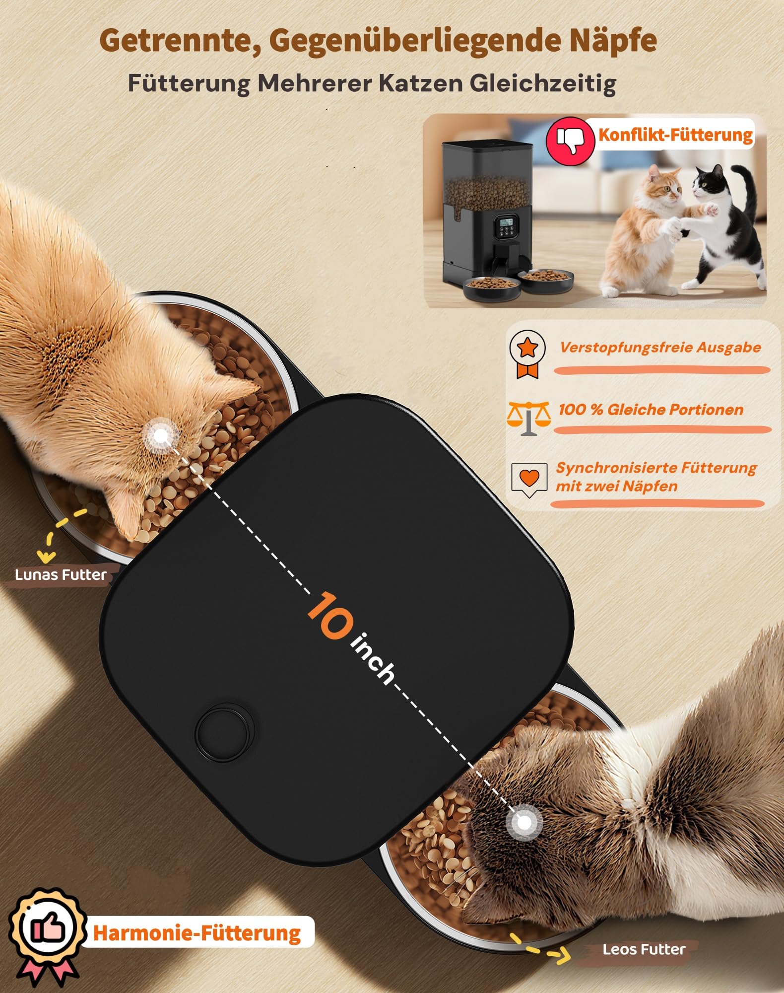 Futterautomat Katze 2 Näpfe mit APP, HONEYGUARDIAN 5G WiFi Intelligenter Katzenfutter Automat, Automatischer Futterspender Katze Hund mit 4 Schüsseln (Edelstahl+Langsame Schüssel), Einfache Bedienung
