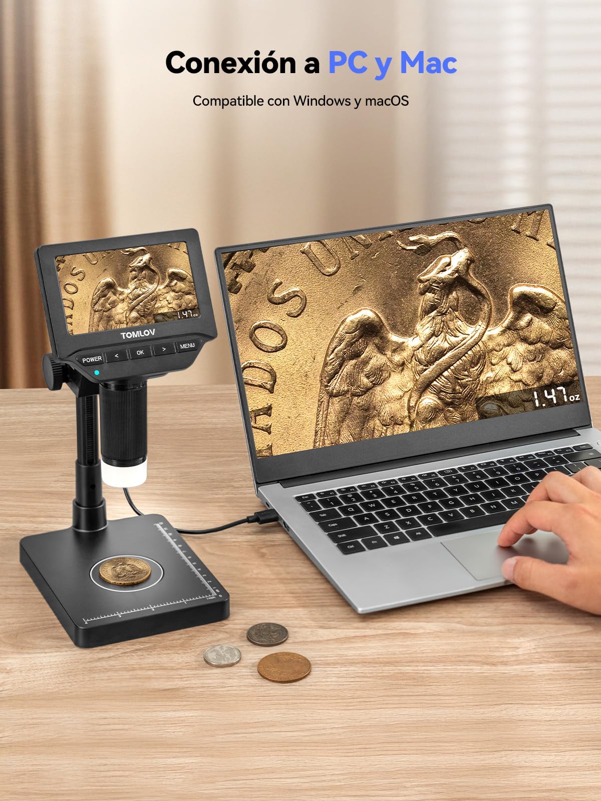 TOMLOV DM4W Microscopio Digital con Balanza: Microscopio de Monedas con 4,3" IPS Pantalla, Lupa para Monedas con Luz, Báscula Precisa para Coleccionistas, Joyeros, Compatible PC/Mac