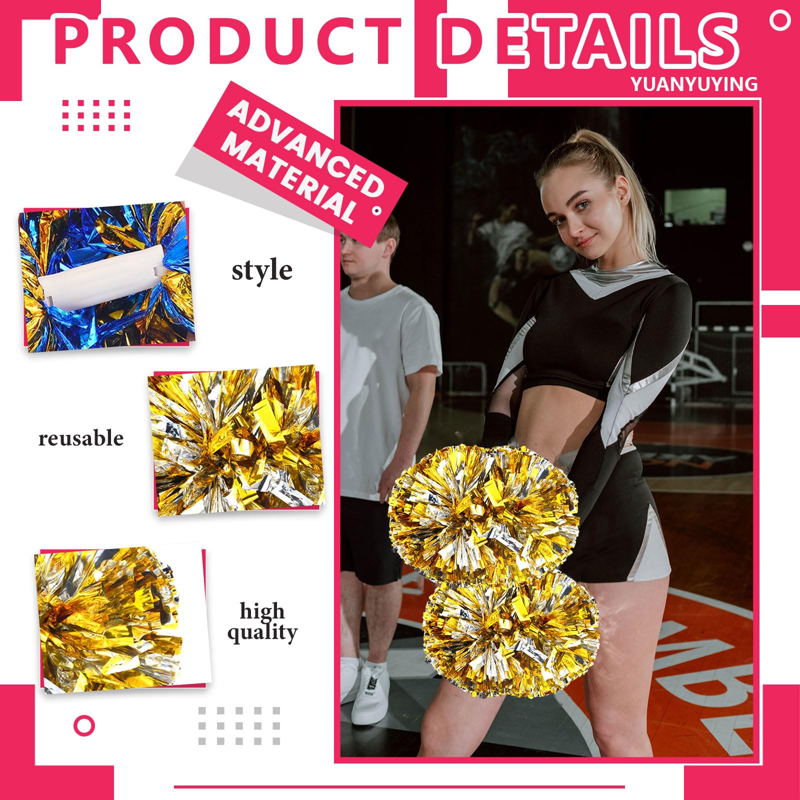 Pompony Cheer z uchwytem, ręczne pompony drużynowe cheerleaderek do drużyny sportowej, gier duchowych, na imprezę taneczną, dla dorosłych, złote i srebrne, 16 szt