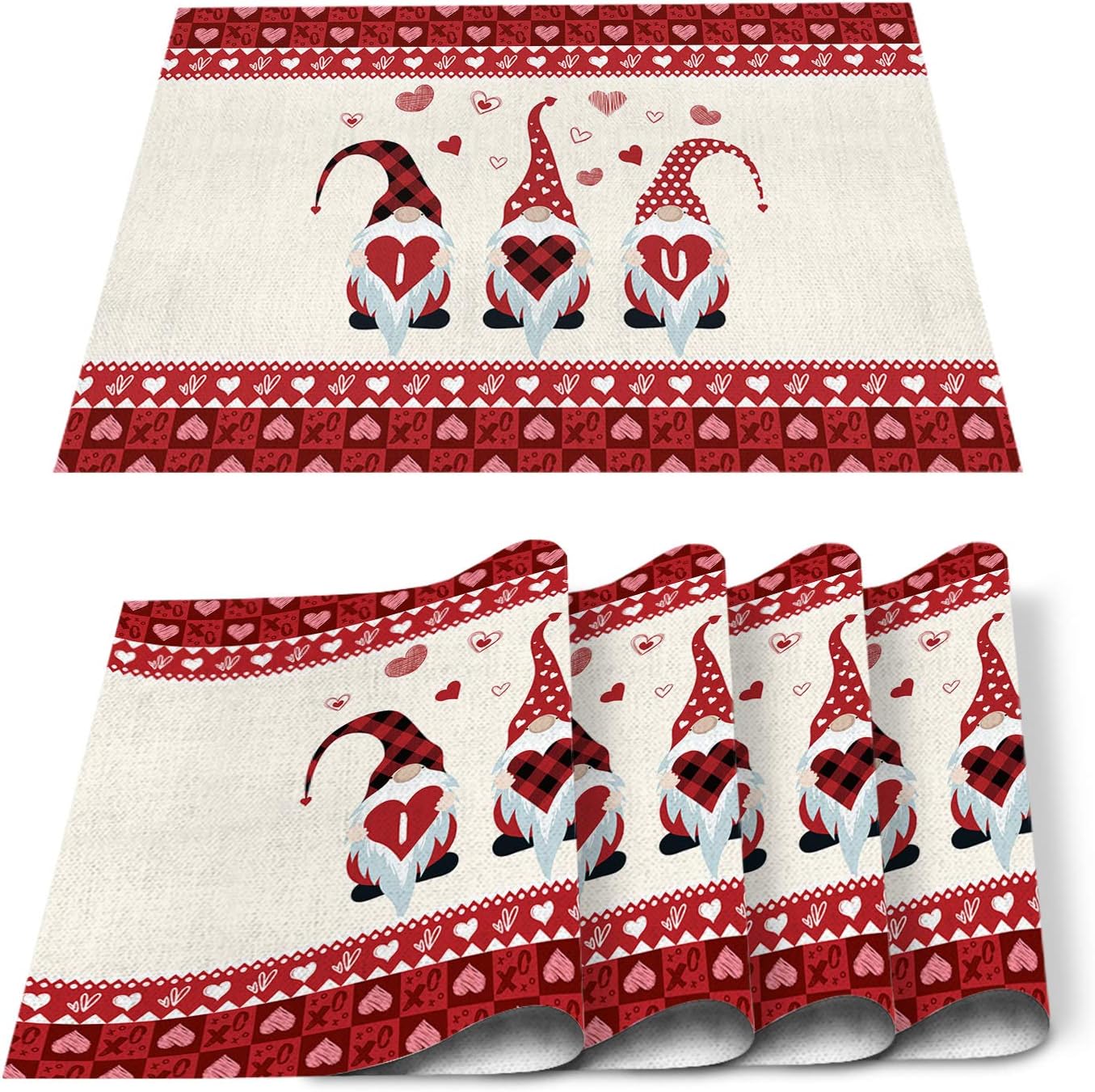 Stylish Placemats for Dining Table Decor,Cute Gnome I Love U Valentine's Day Placemat Thermal Insulation Non-Slip Table Mat Washable for Kitchen Table Set of 6pc