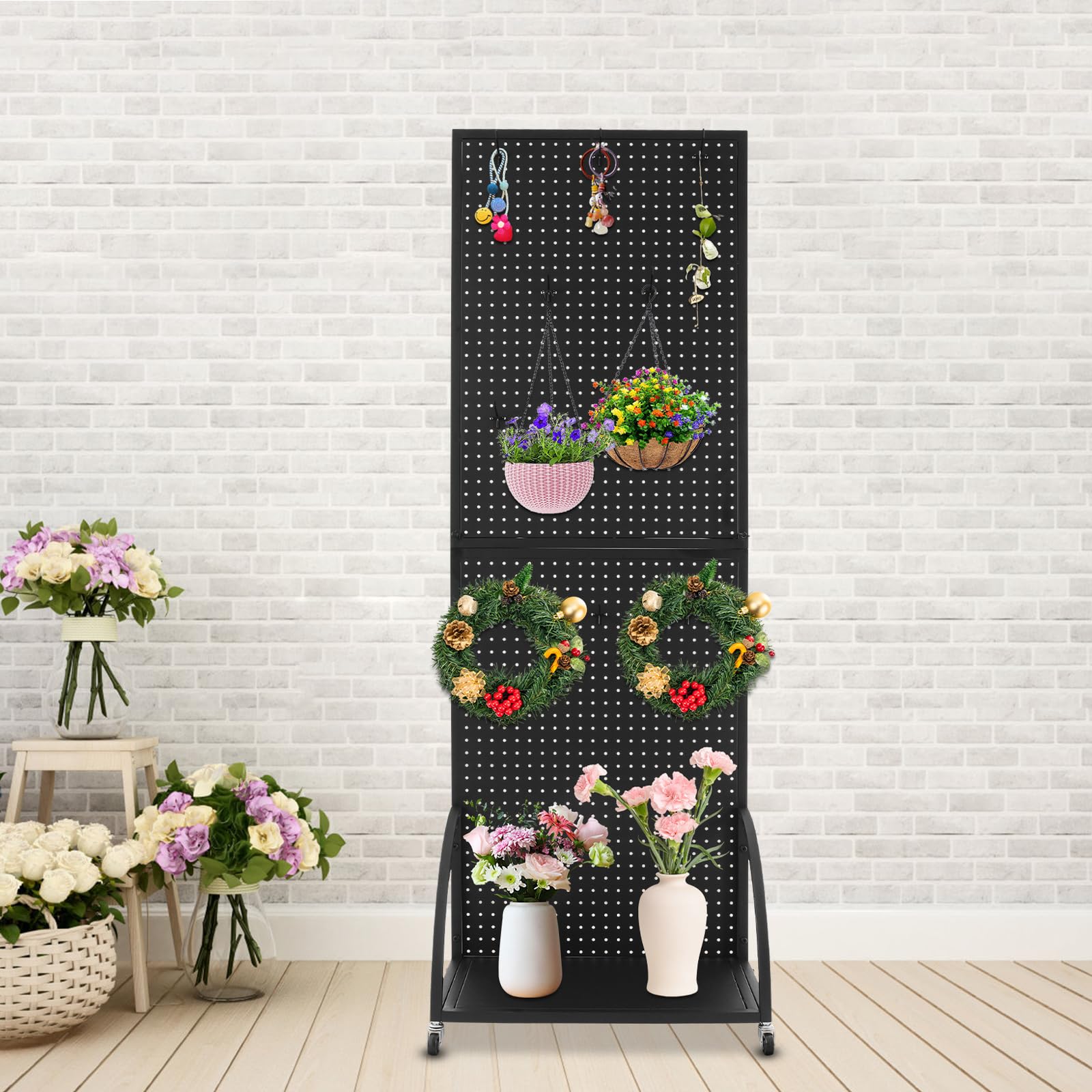 awolsrgiop Pegboard Display Stand, Pegboard Shelf Merchandise Display Rack Retail Pegboard Rack Peg Board Shelving Art Display Stand with 4 Wheels for Retail Stores, Fairs, Markets, Supermarkets