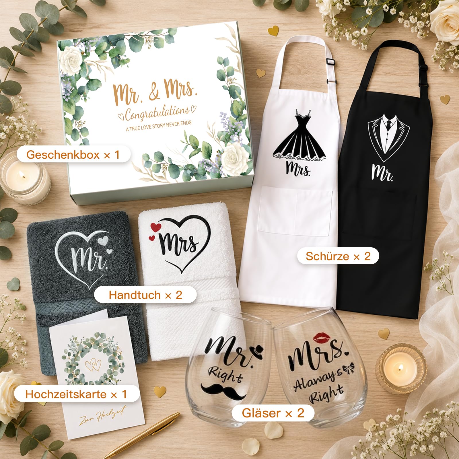 MOTONG Hochzeitsgeschenke für Brautpaar, 7 in 1 Geschenk Hochzeit Mr Mrs Personalisierte Gläser Schürze Handtuch und Karte, Hochzeitstag Verlobungsgeschenk Paar Geschenke Pärchen Jahrestag Geschenk