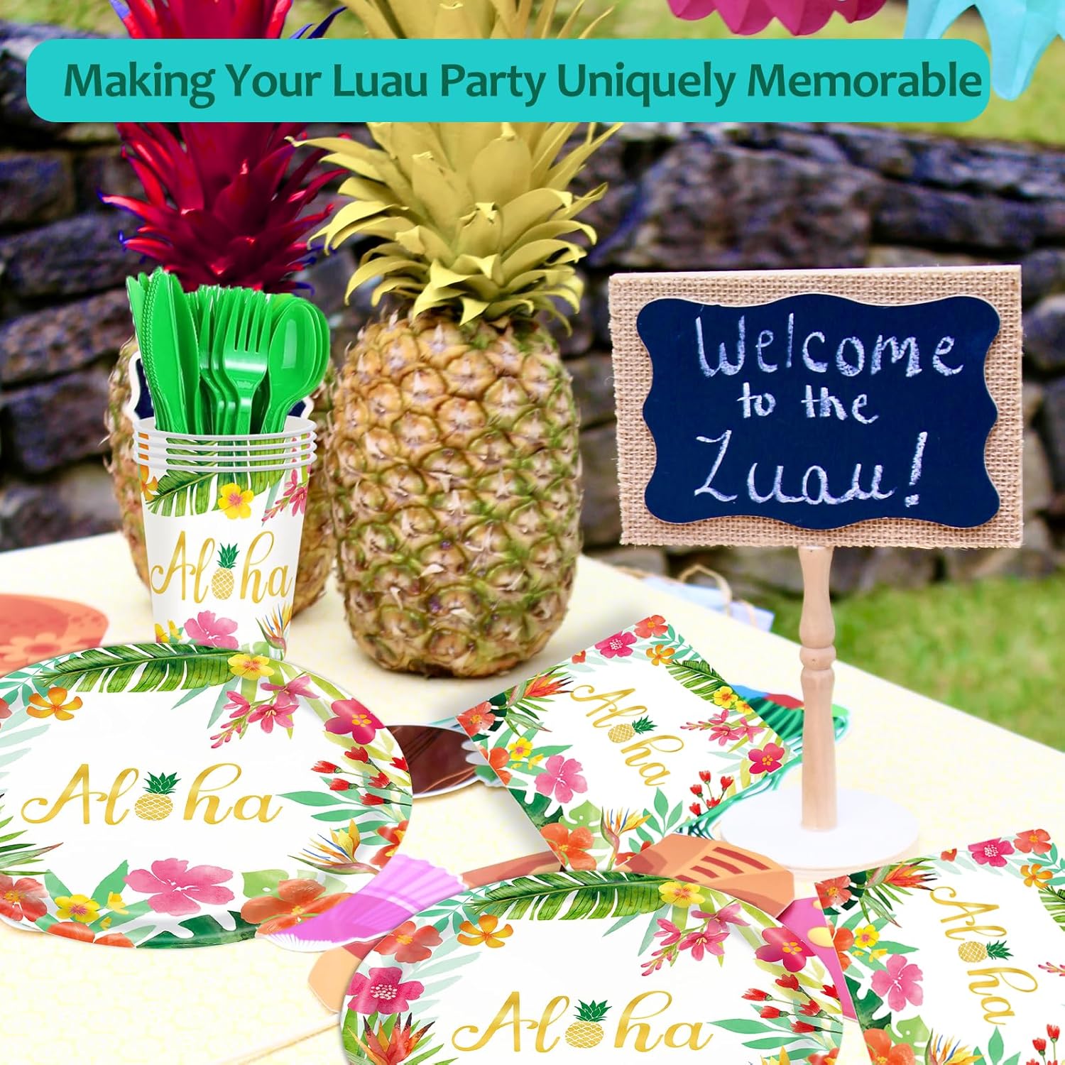 Hawaiian Luau Party Decorations Supplies - 175 PCS Aloha Tropical Birthday Party Decorations Disposable Dinnerware Set (25 Guest) With Paper Plates Napkin Cup for Summer Beach Themed Pool - Image 5