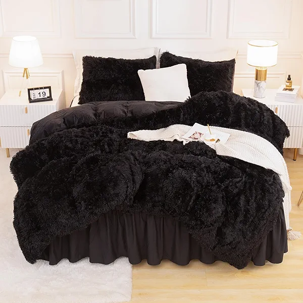 Andency Fluffy Black Comforter Set King Size, 3 Pieces Winter Faux Fur Warm Soft Fuzzy Plush Bedding Comforter Set (1 Velvet Comforter & 2 Pillowcases), Thick Heavy Puffy Comfy Comforters Bedding Set