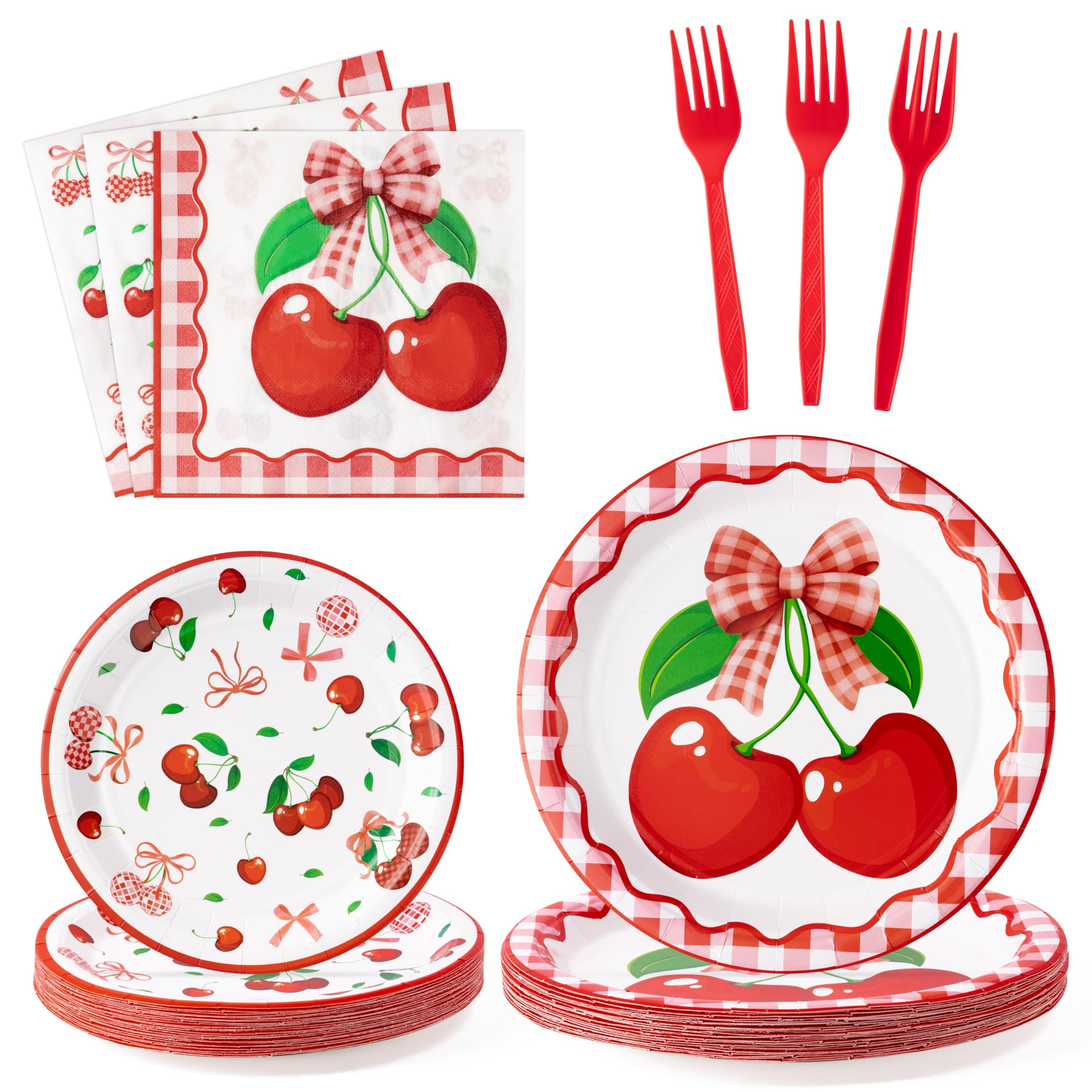 G1ngtar 96Pcs Cherry Coquette Bow Fruit Party Plate Supplies - Party Tableware Decoration Disposable Paper Plate Napkin Fork for Birthday Summer