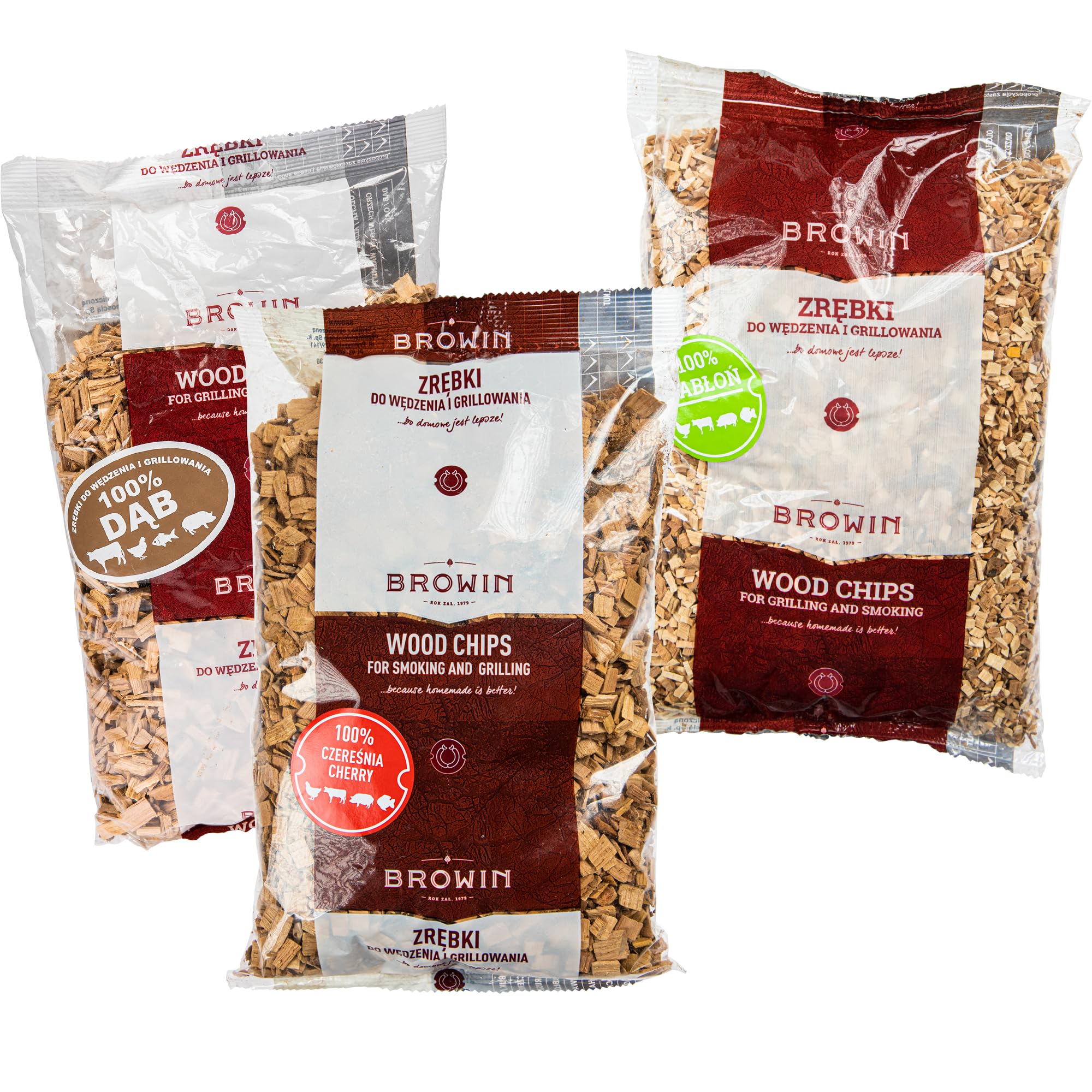 Browin 780820 - Astillas de Madera para ahumar y Asar a la Parrilla, Roble, 600 g, Cerezo, 450 g, Manzano, 450 g, Juego de virutas de Madera Natural para múltiples usos