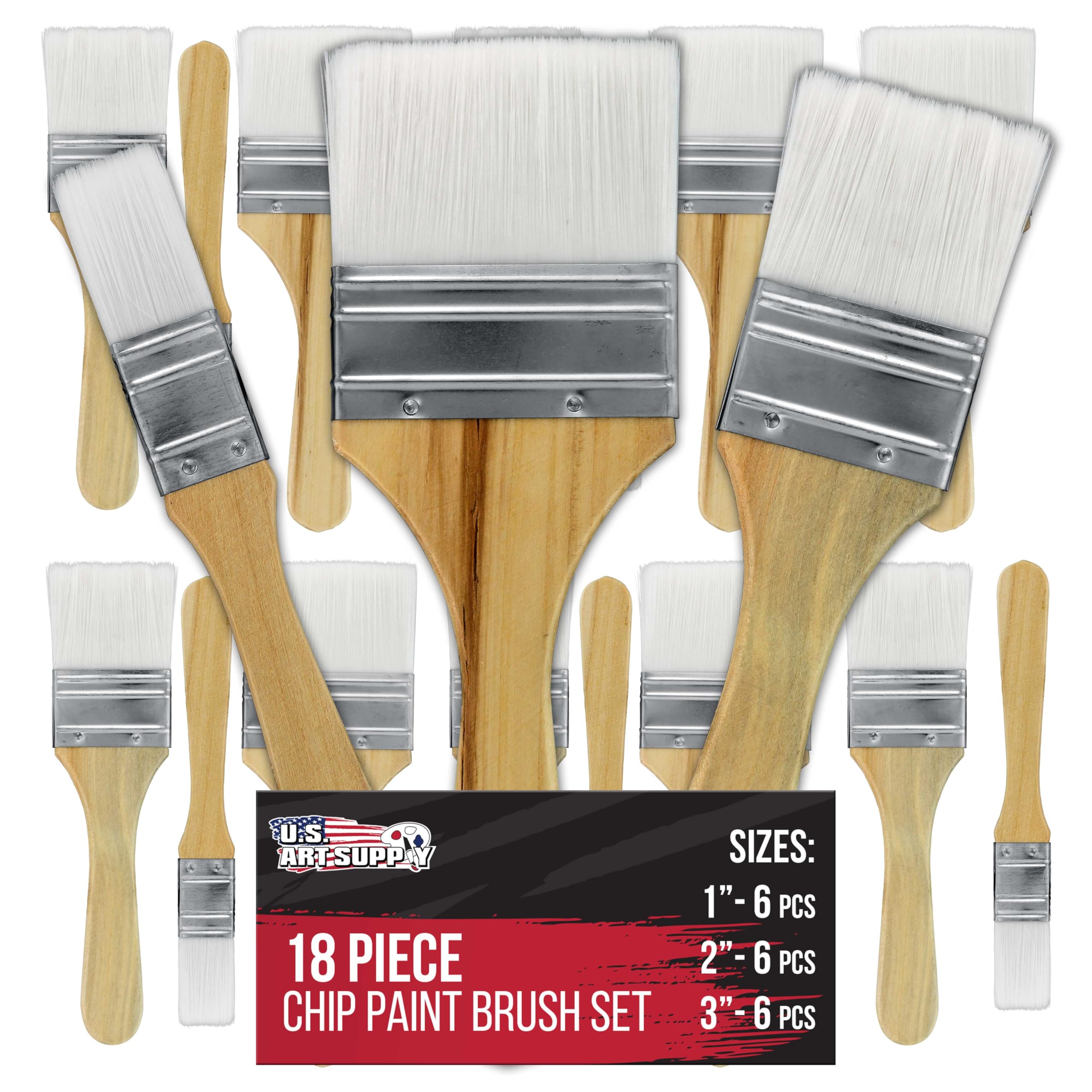 U.S. Art Supply 3 Pack of Variety Size (Set of 6 Packs of 3 = 18 Total Brushes) Synthetic Bristle Paint, Chip and Utility Paint Brushes for Paint, Stains, Varnishes, Glues, and Gesso