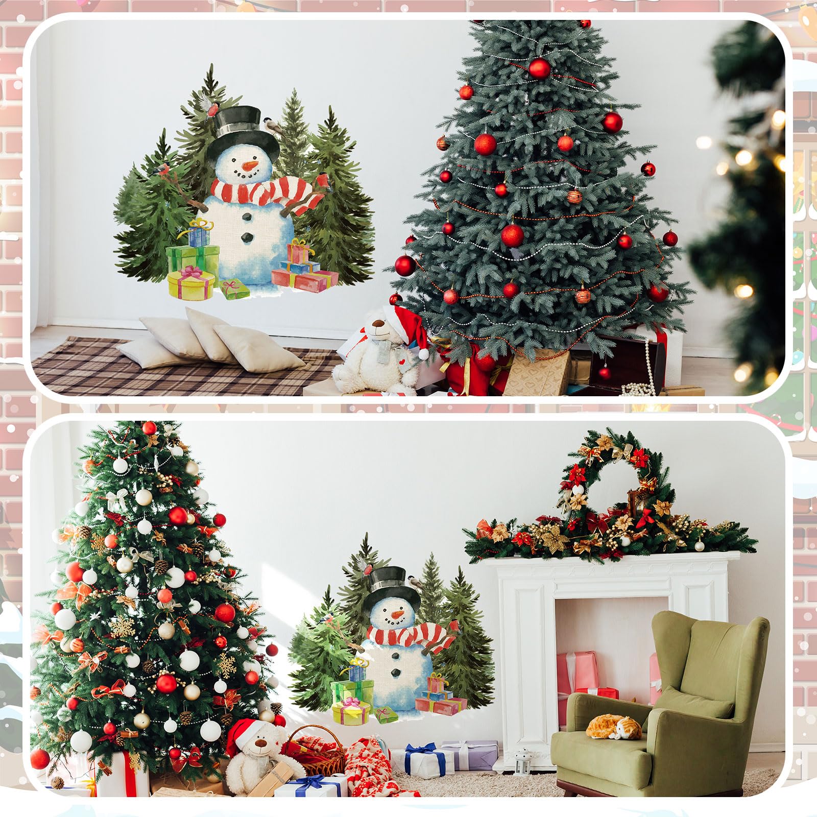 Qeeenar 3 Bögen Weihnachten Schneemann Wandaufkleber Weihnachten Schneemann Wanddekoration DIY Abnehmbare Weihnachten Wandaufkleber Aquarell Weihnachten Fenster Haften für Xmas Badezimmer Wohnzimmer