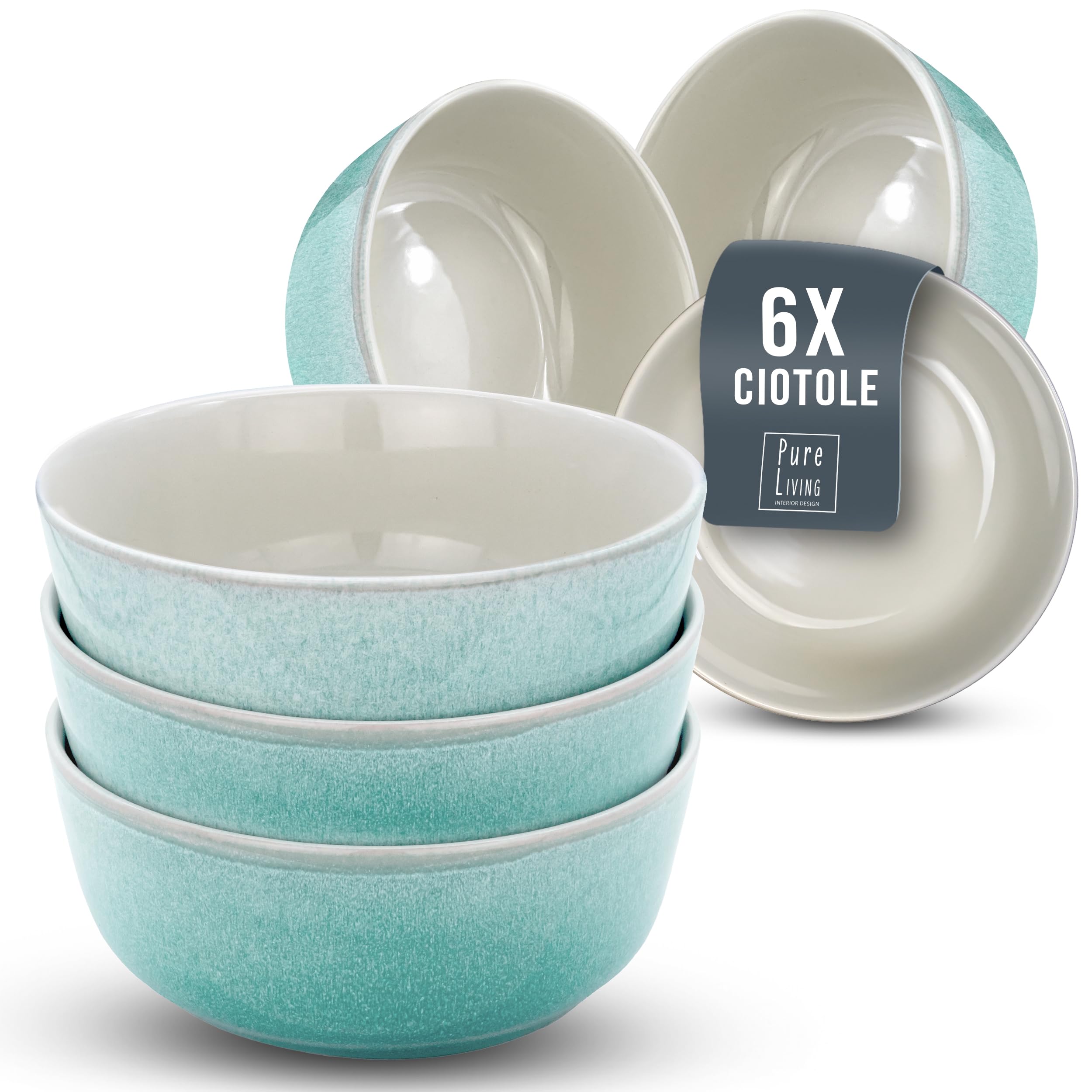 Set di 6 Ciotole per Müsli in Gres Porcellanato Ibiza - Set di Ciotole Resistenti a Lavastoviglie, Microonde e Graffi - Eleganti Ciotoline - Pure Living Beige e Turchese