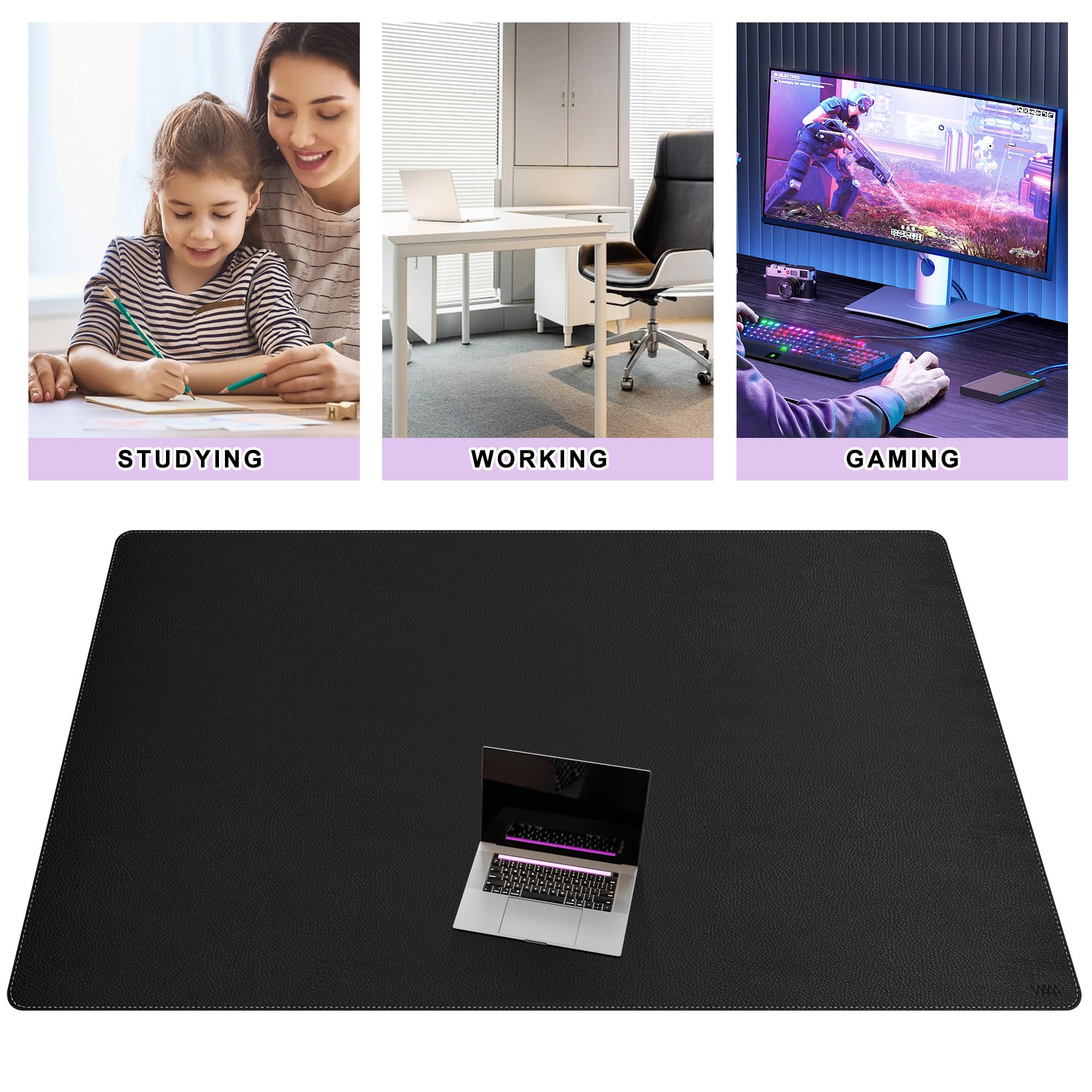 Vyaaa Alfombrilla de escritorio grande de cuero PU de 70.8"x39.3" (Negro) - Alfombrilla de ratón extendida XXL, Protector de escritorio de oficina, Alfombrilla de escritorio antideslizante para
