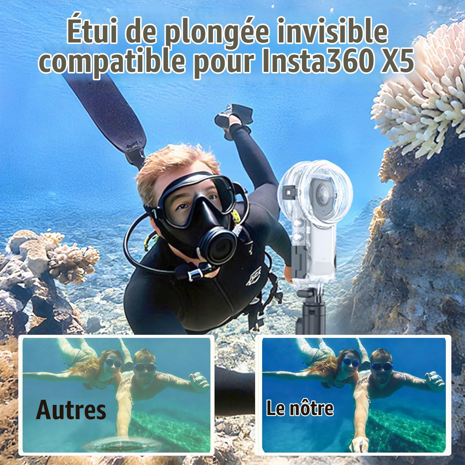 60m Invisible Étui Plongée Compatible avec Insta360 X5（Rouge-Orange） | 196 ft Depths étanche Boîtier, Anti-Buée, Anti-Buée 360° sous-Marine Protection, Plongée Surf Plongée Tuba Ski-Rouge-Orange