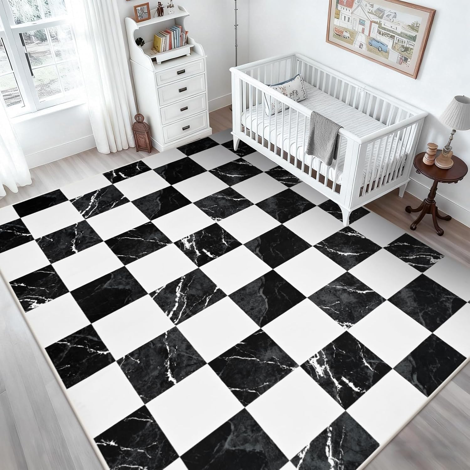 Yinhua 5x7 Area Rugs for Living Room, Neutral Washable Checkered Rugs for Bedroom, Modern Classic Geometric Area Rug Soft Non Slip Large Throw Carpet Black Marble Rug for Nursery Kids Room Playroom