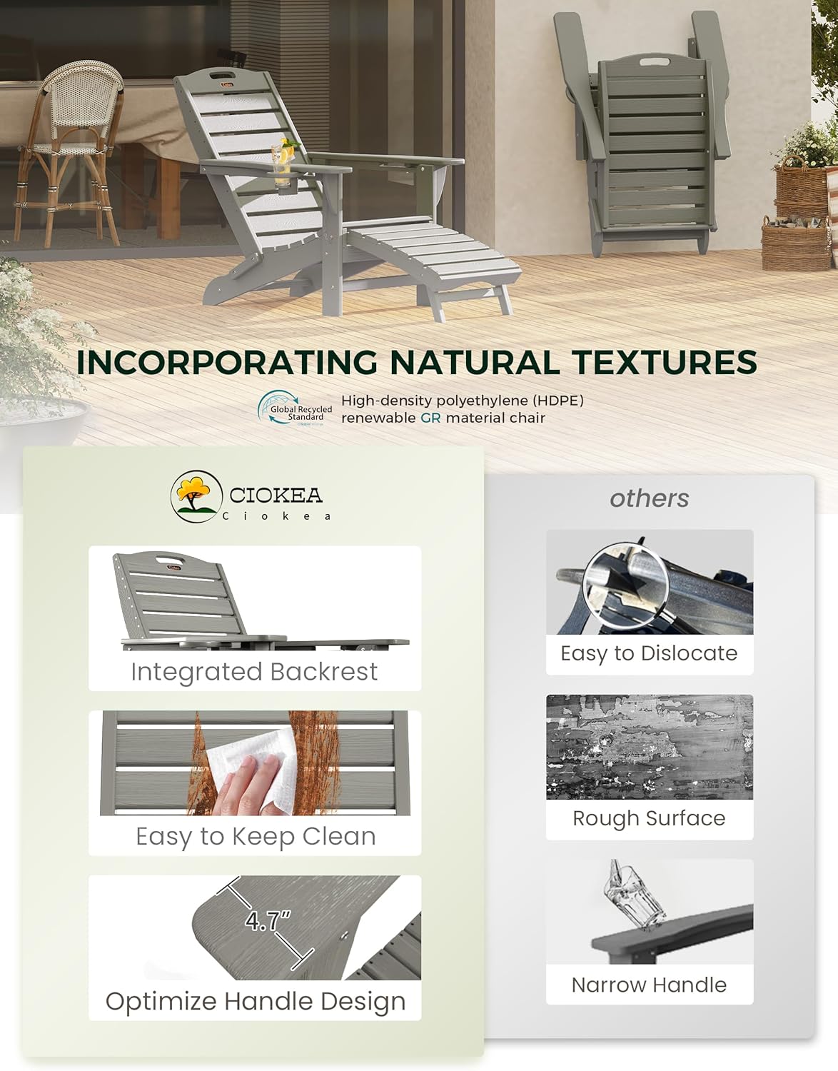 Ciokea Folding Adirondack Chair with Retractable Ottoman Fire Pit Patio Chair with Pull Out Foot Rest Weather Resistant Lawn Outdoor Lounge Chair with 2 Cup Holder (Grey)